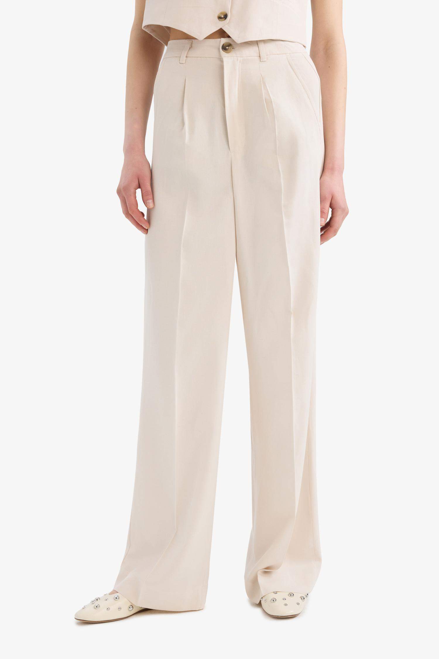 Wide Leg Keten Karışımlı Palazzo Pantolon Yüksek Bel Geniş Bol Paça Pensli Cepli