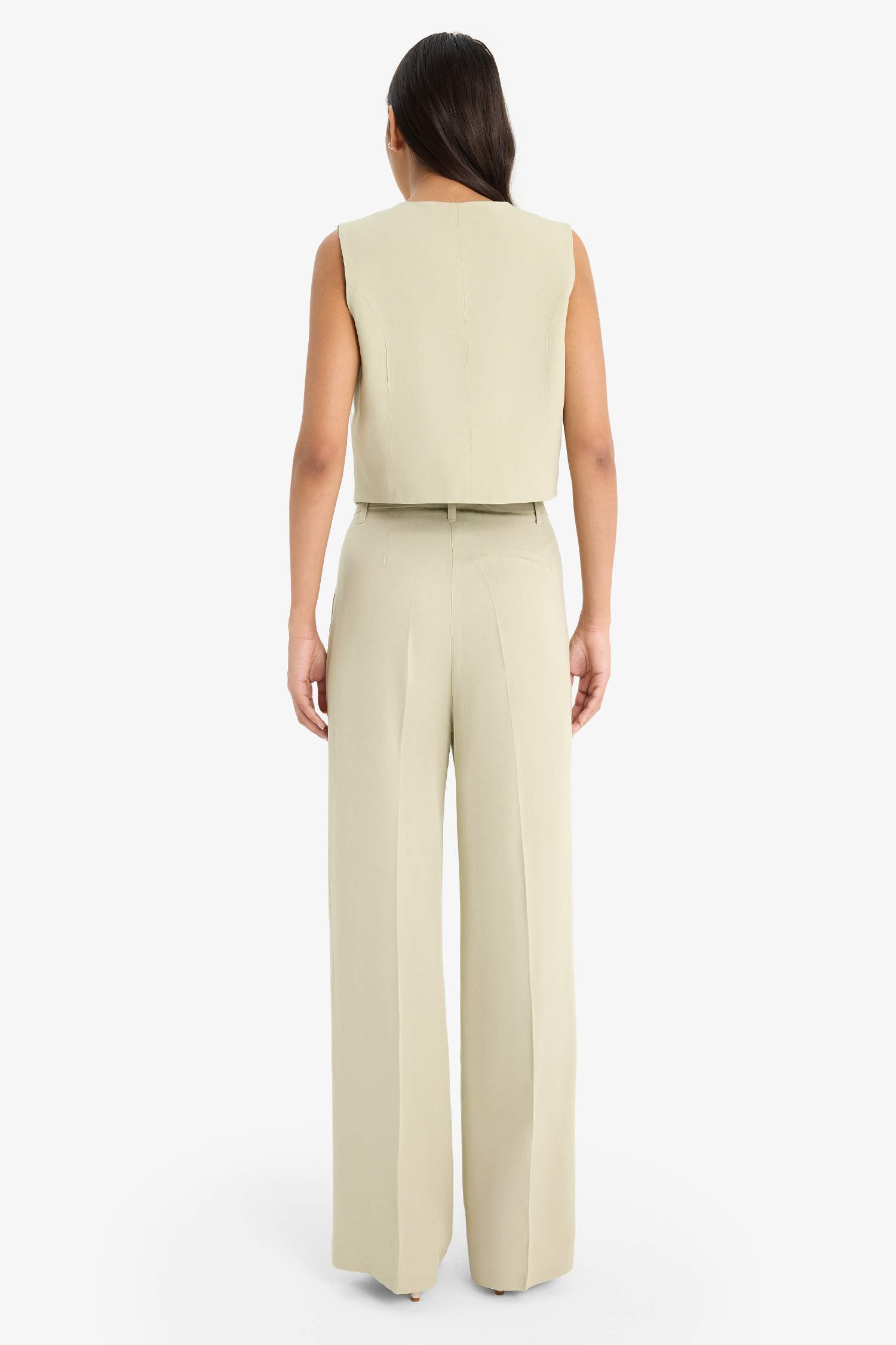 بنطرون برجل واسع وايد ليج بخصر عالي من مزيج الكتان