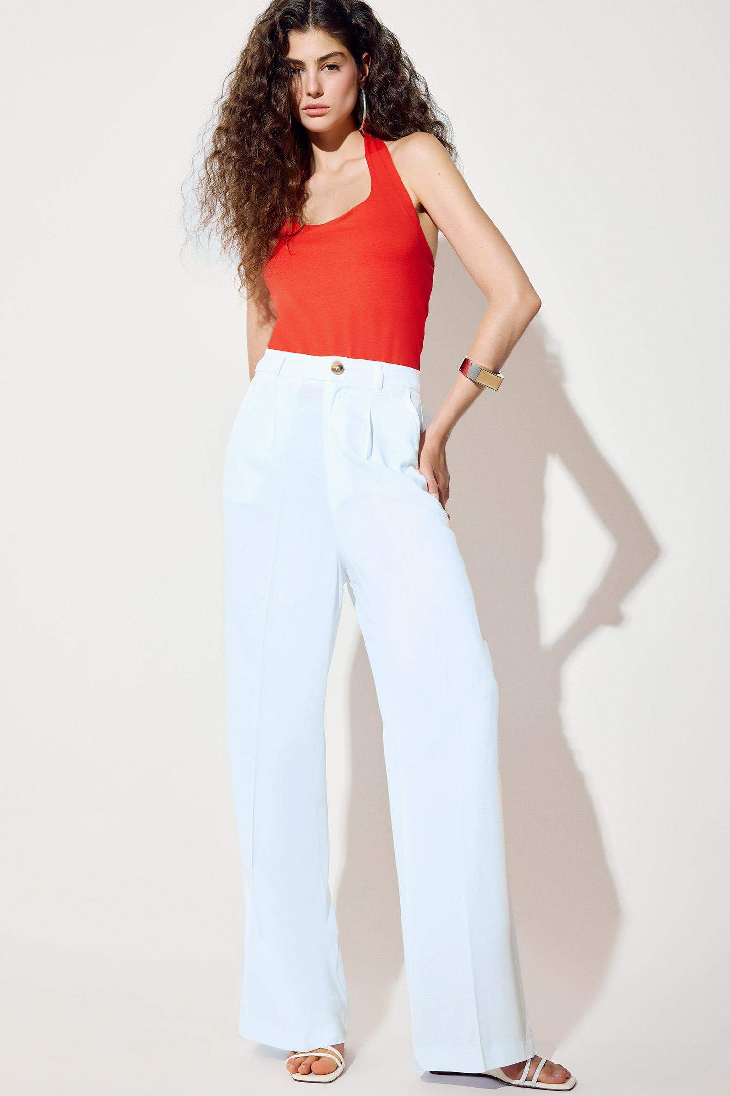 بنطرون برجل واسع وايد ليج بجيب من مزيج الكتان