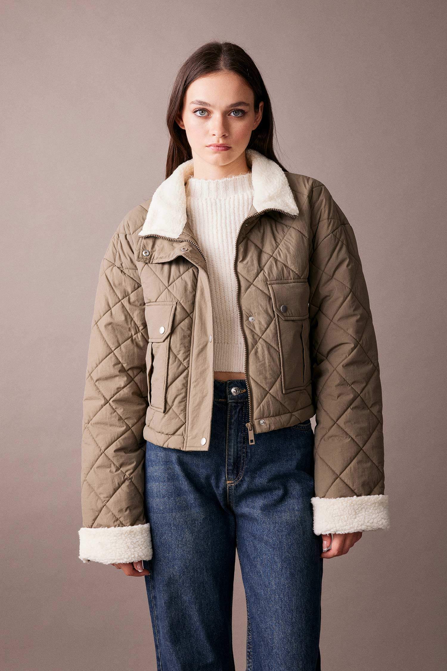 Su İtici Oversize Geniş Kalıp Suni Kürk Yaka Detaylı Kapitoneli Fermuarlı Mont Parka