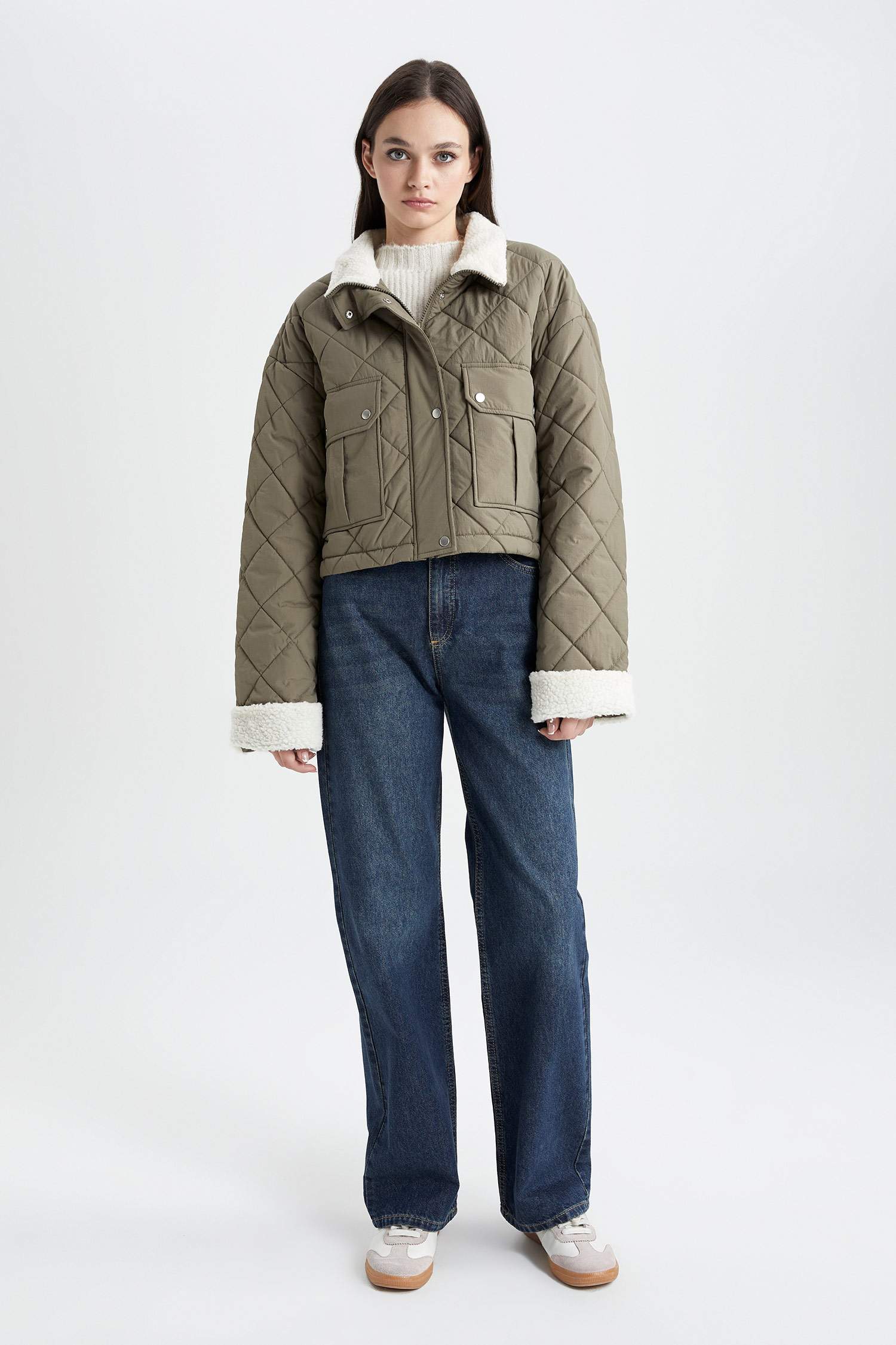 Su İtici Oversize Geniş Kalıp Suni Kürk Yaka Detaylı Kapitoneli Fermuarlı Mont Parka