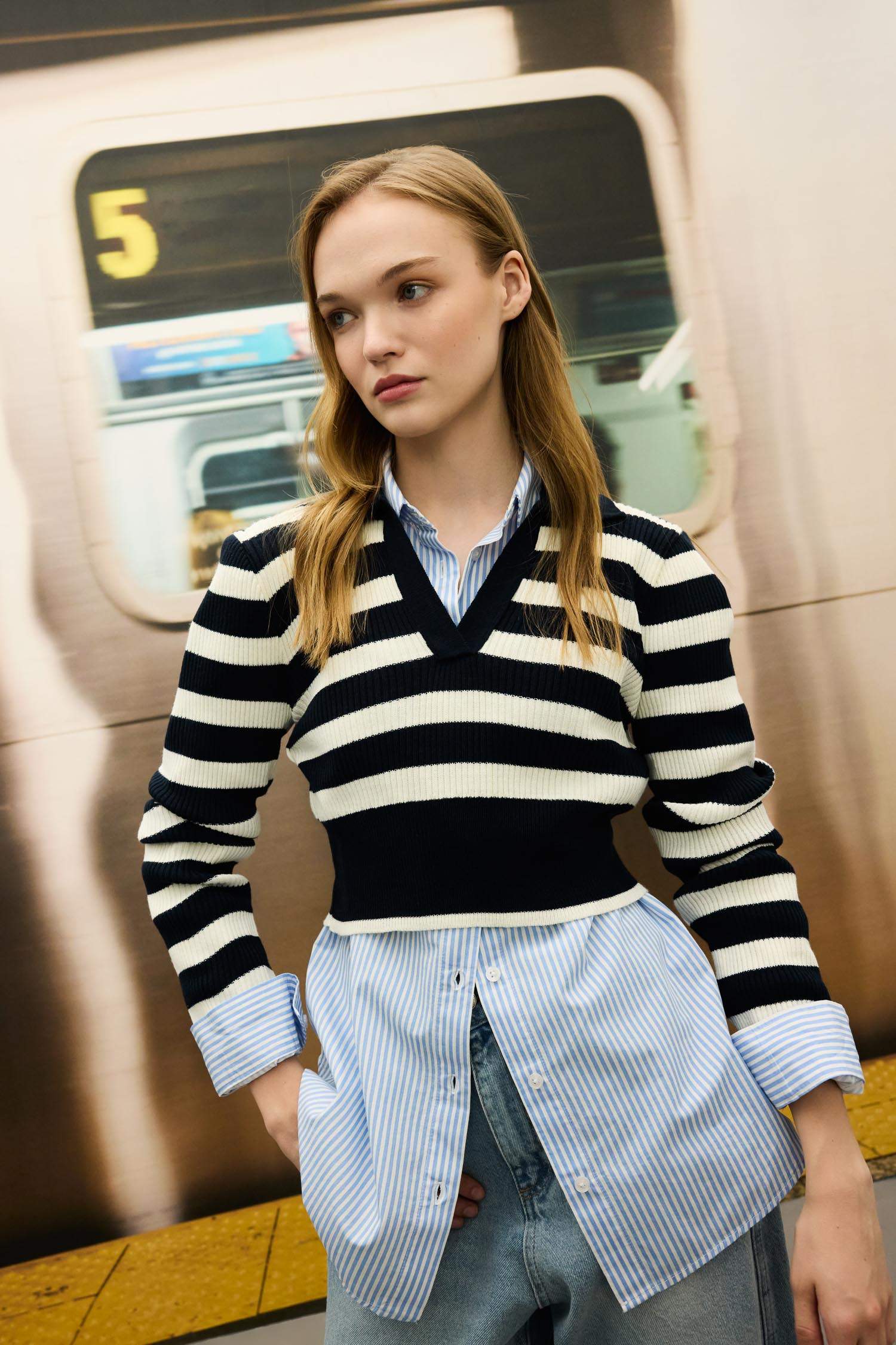 Coool Slim Fit Dar Kesim Polo Yaka Çizgili Triko Kazak