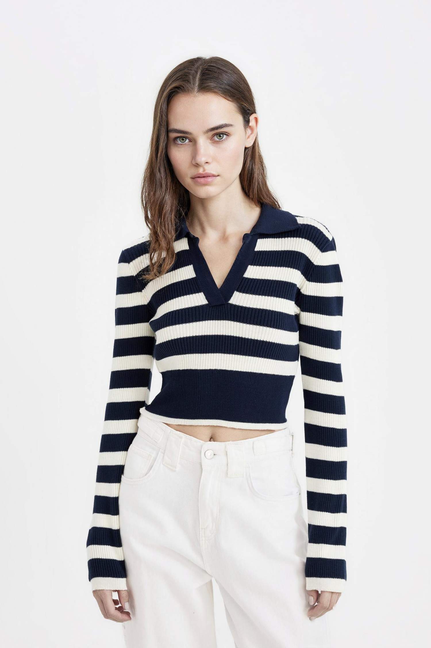 Coool Slim Fit Dar Kesim Polo Yaka Çizgili Triko Kazak