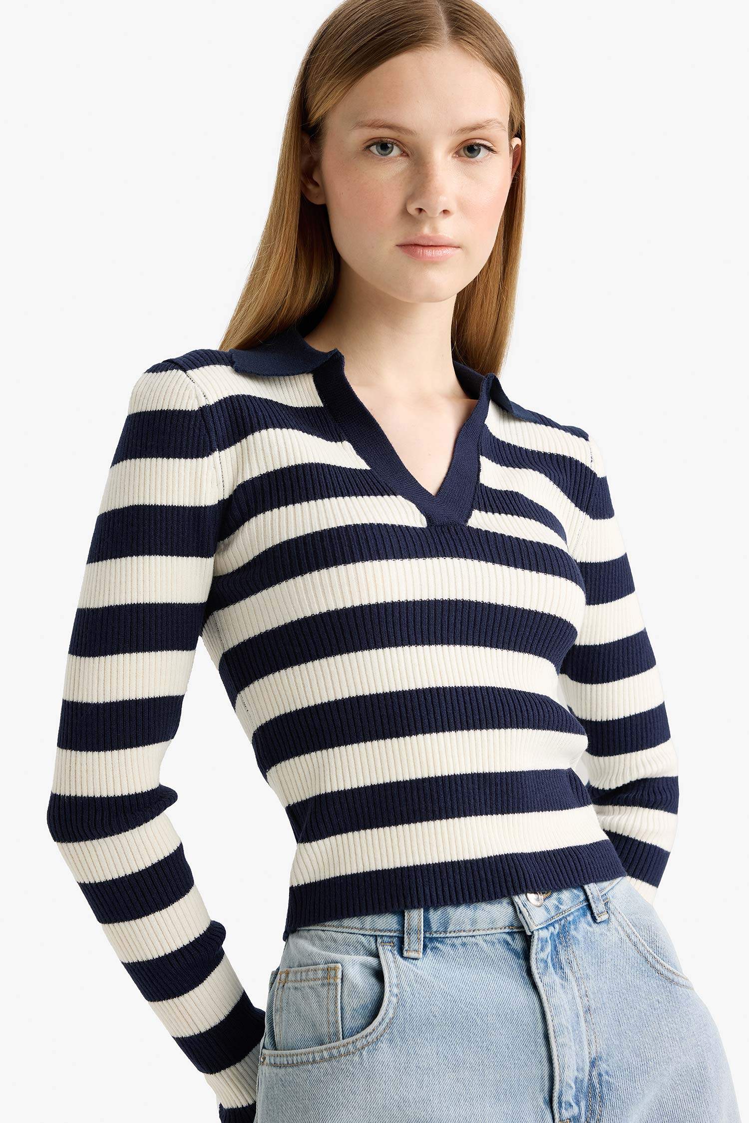 Coool Slim Fit Dar Kesim Polo Yaka Çizgili Triko Kazak