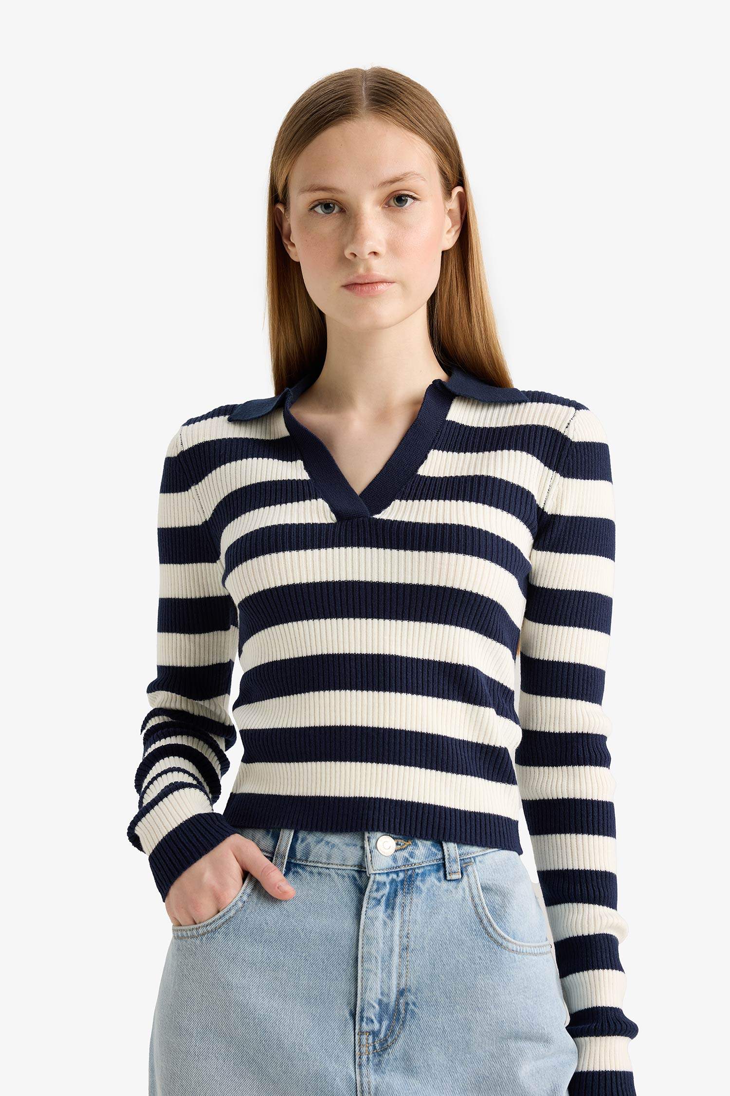 Coool Slim Fit Dar Kesim Polo Yaka Çizgili Triko Kazak