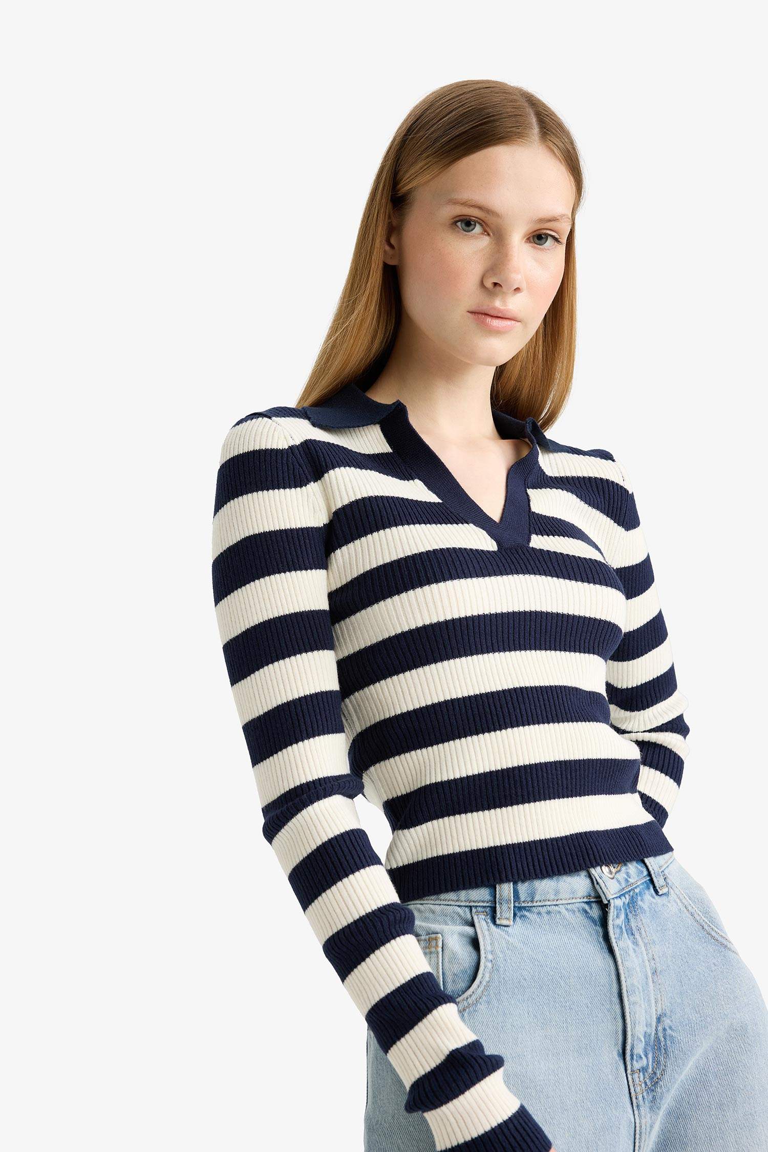 Coool Slim Fit Dar Kesim Polo Yaka Çizgili Triko Kazak