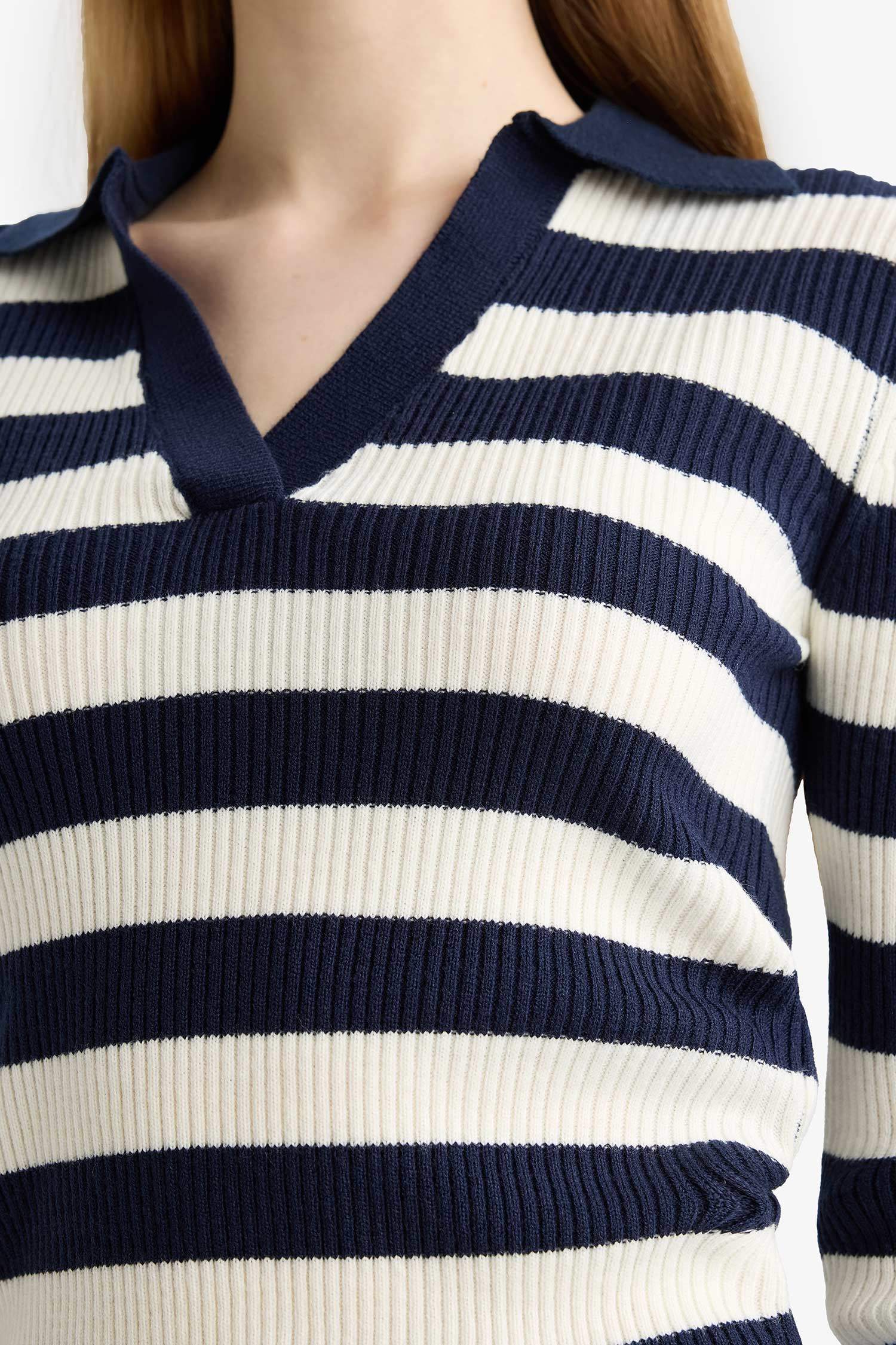 Coool Slim Fit Dar Kesim Polo Yaka Çizgili Triko Kazak