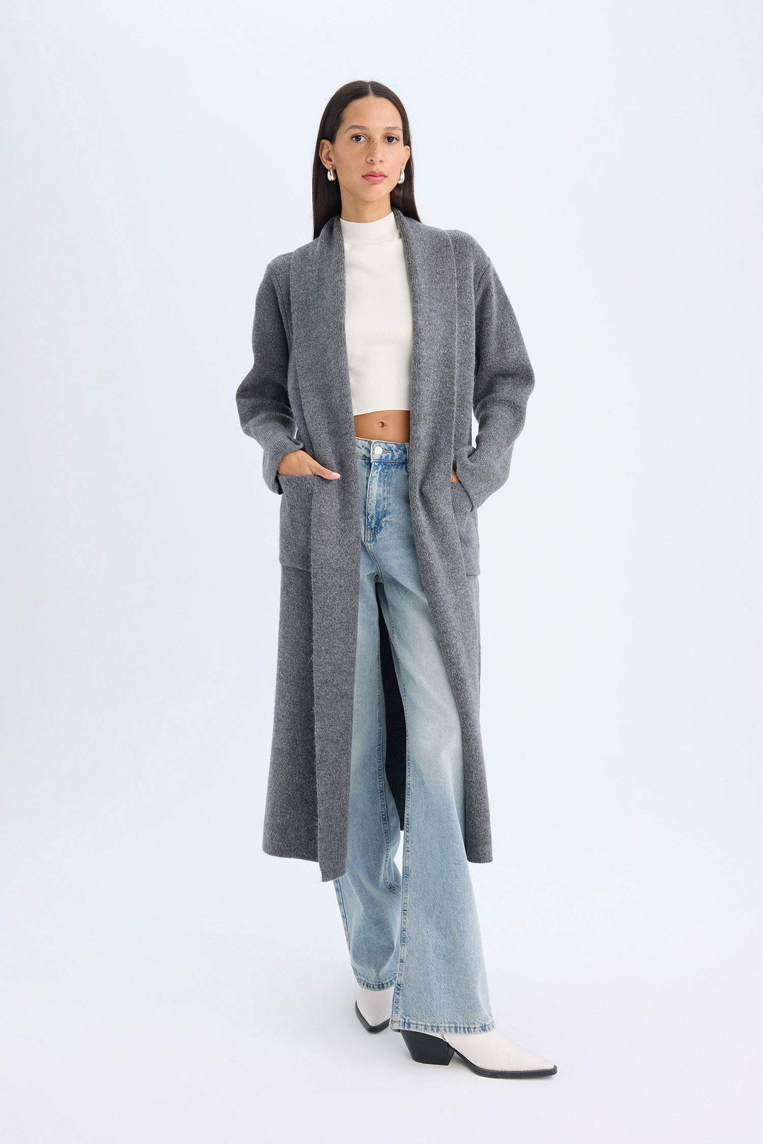 Relax Fit Şal Yaka Basic Düz Kuşaklı Uzun Triko Hırka