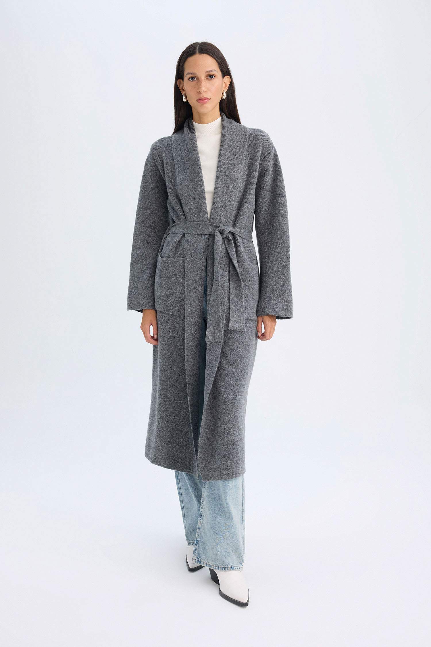 Relax Fit Şal Yaka Basic Düz Kuşaklı Uzun Triko Hırka