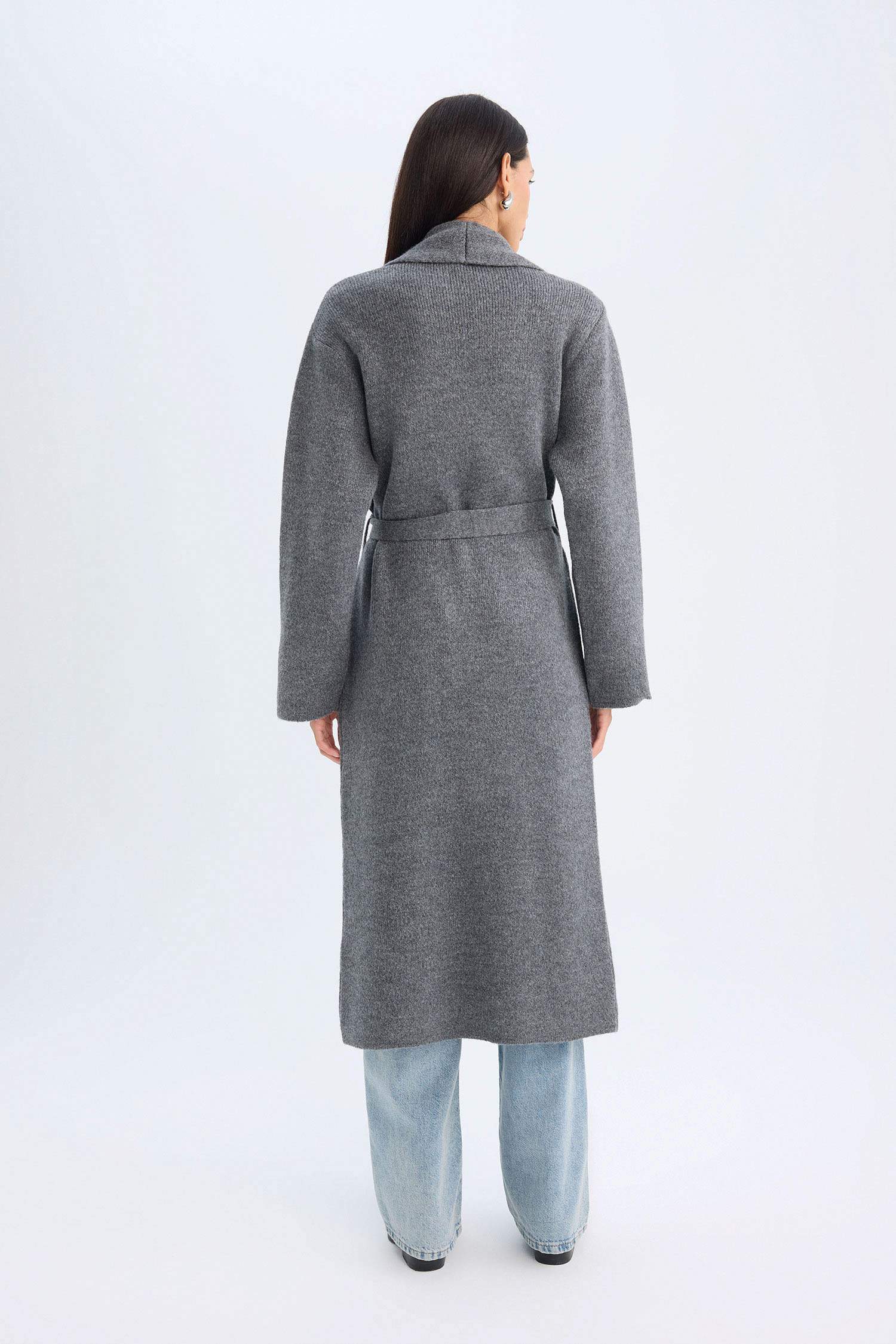 Relax Fit Şal Yaka Basic Düz Kuşaklı Uzun Triko Hırka