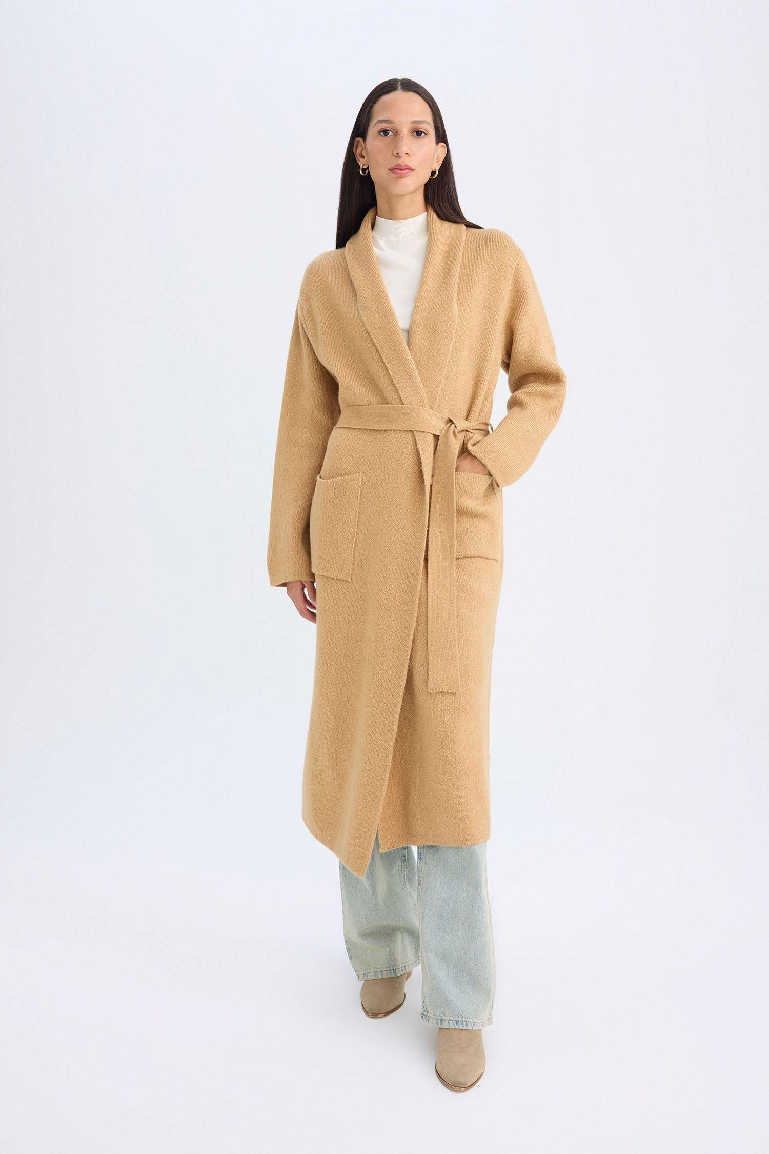 Relax Fit Shawl Collar Belted Long Cardigan