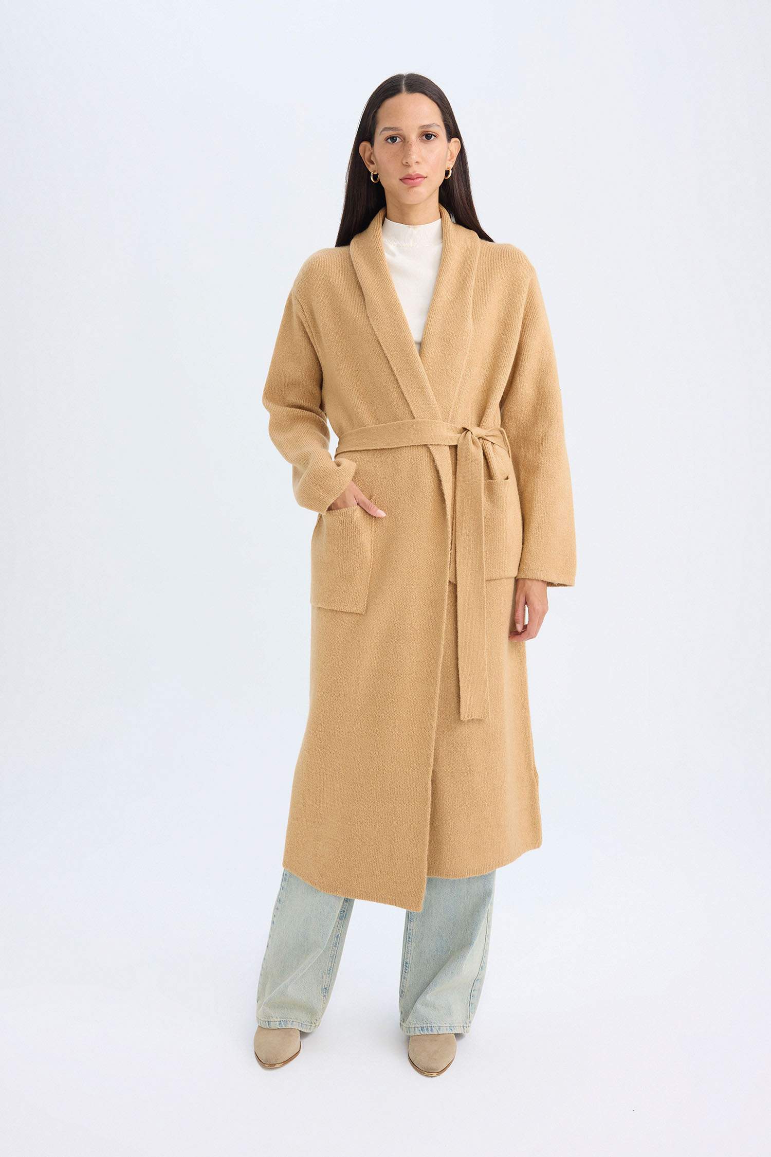 Relax Fit Shawl Collar Belted Long Cardigan