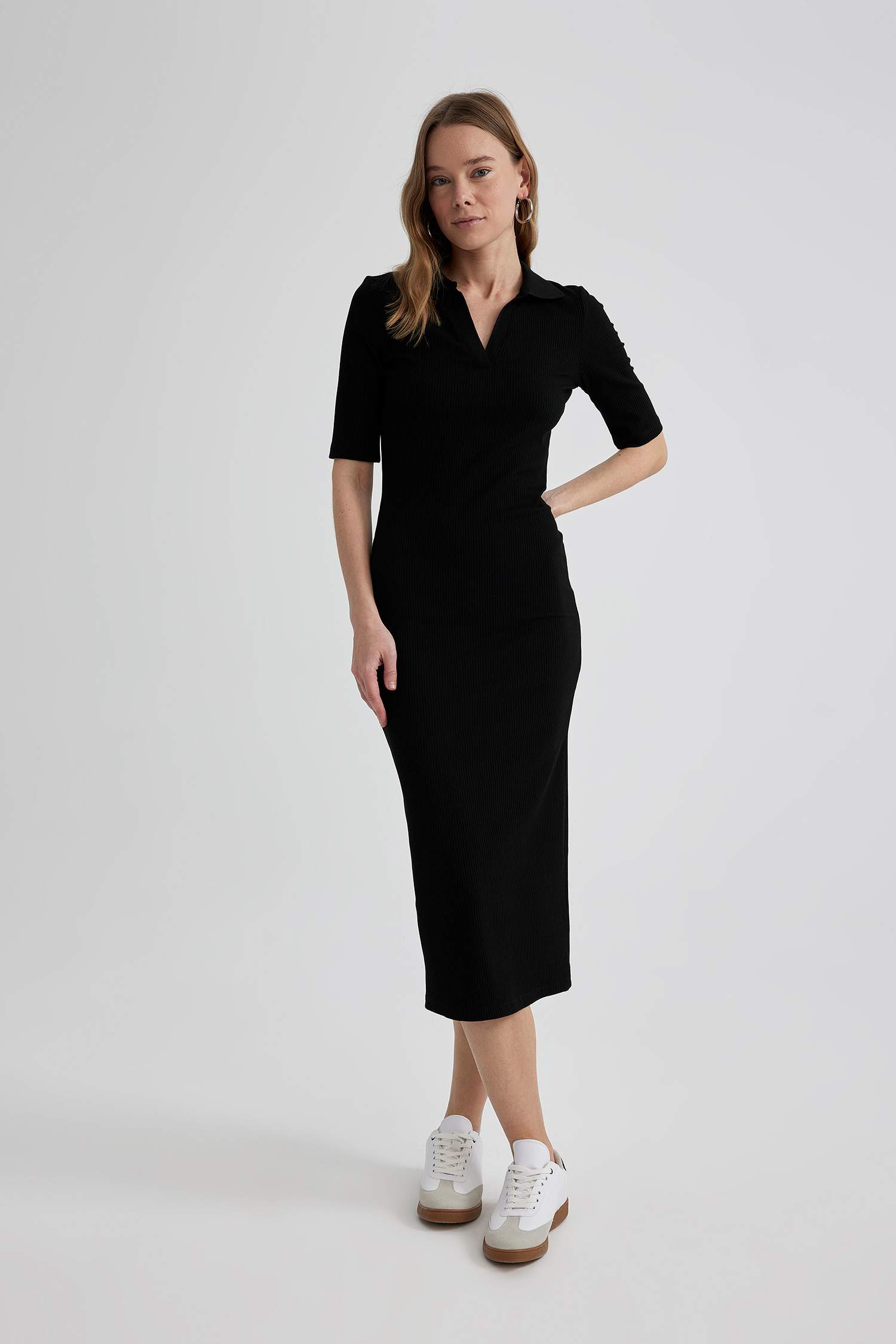 Bodycon Polo Yaka Vücuda Oturan Basic Düz Fitilli Kaşkorse Kısa Kollu Midi Elbise