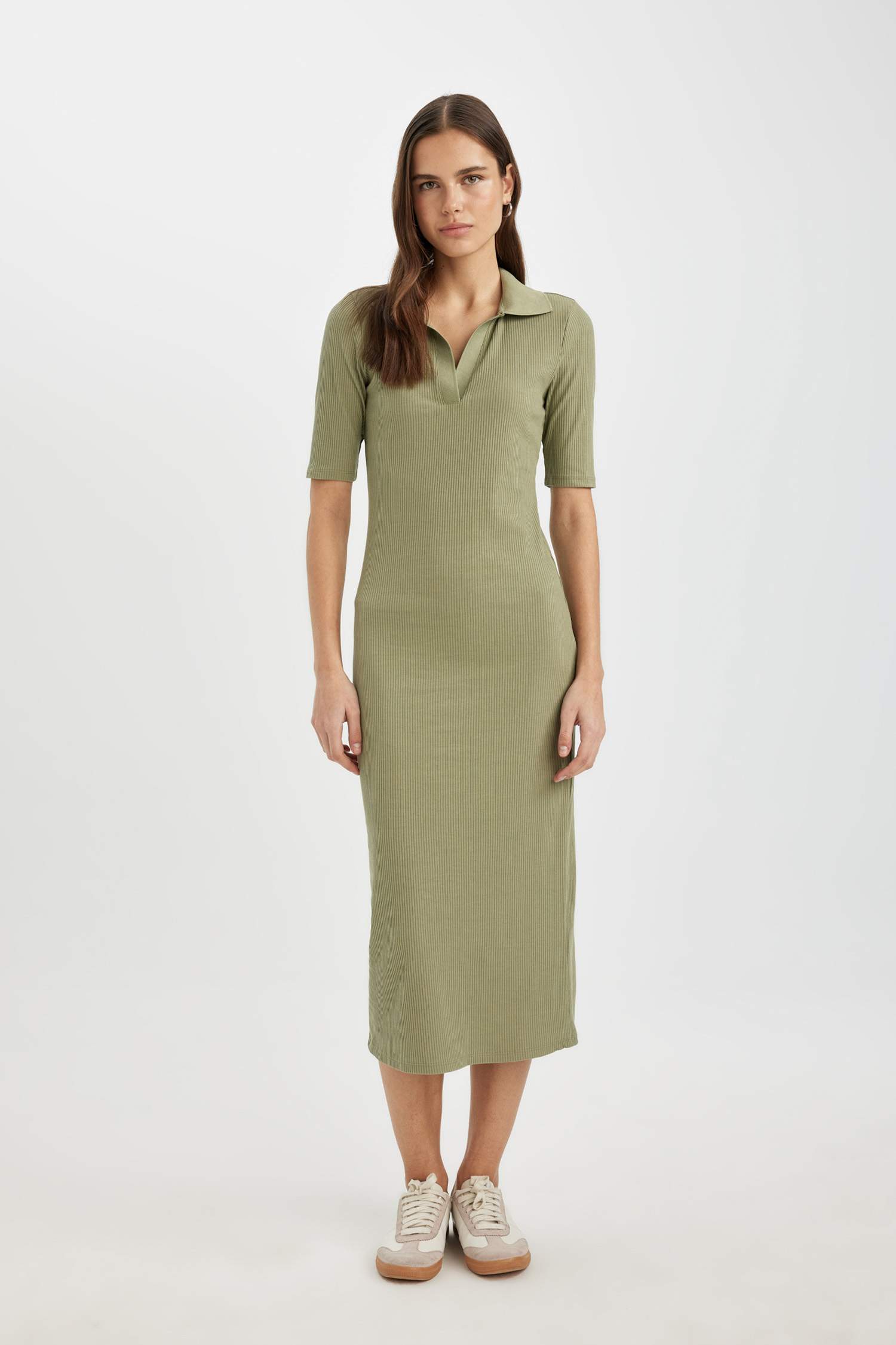 Khaki WOMAN Bodycon Polo Neck Ribbed Camisole Short Sleeve Midi