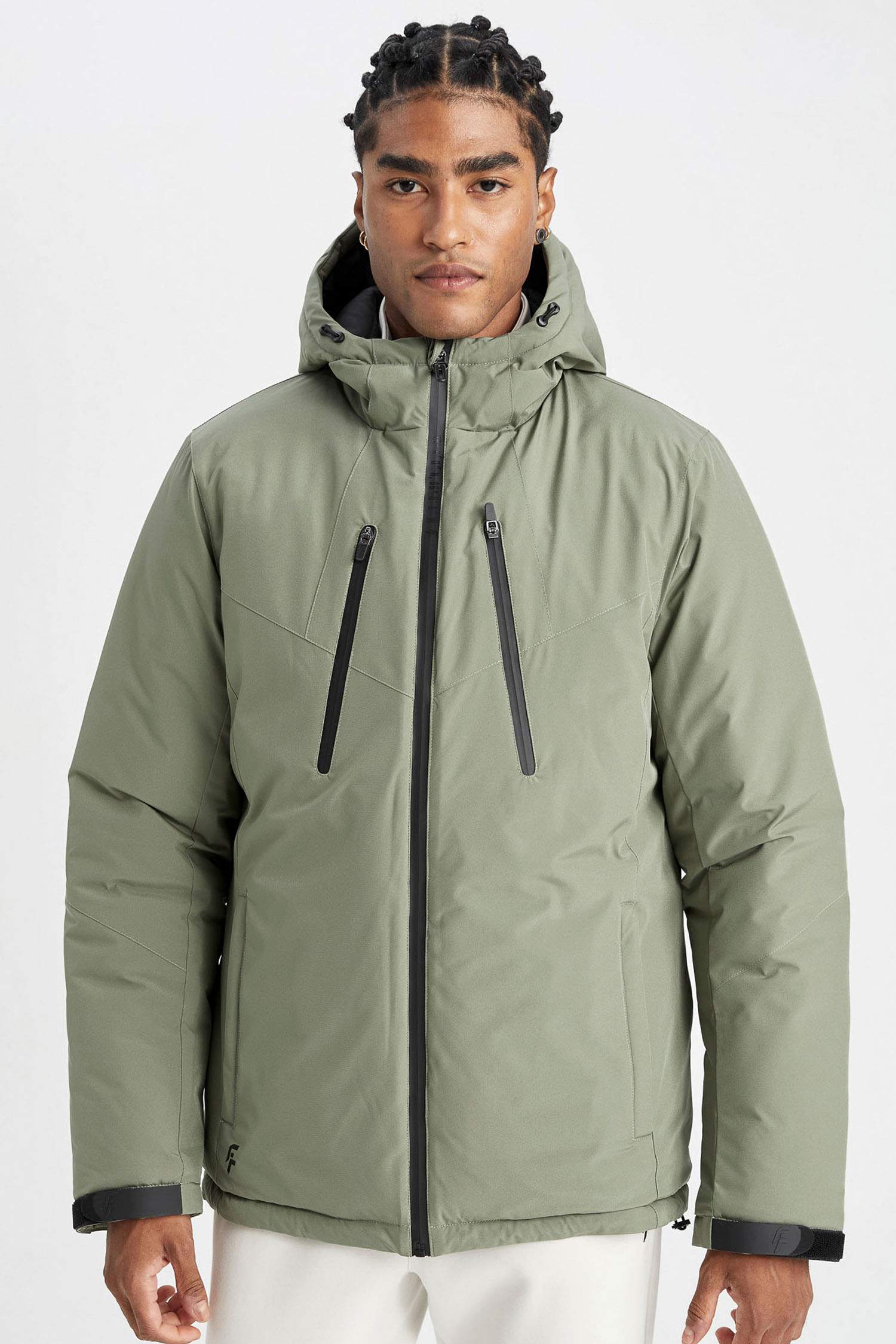 Su İtici Termometreli Slim Fit Dar Kesim Polar Kapüşonlu Fermuarlı Kışlık Mont