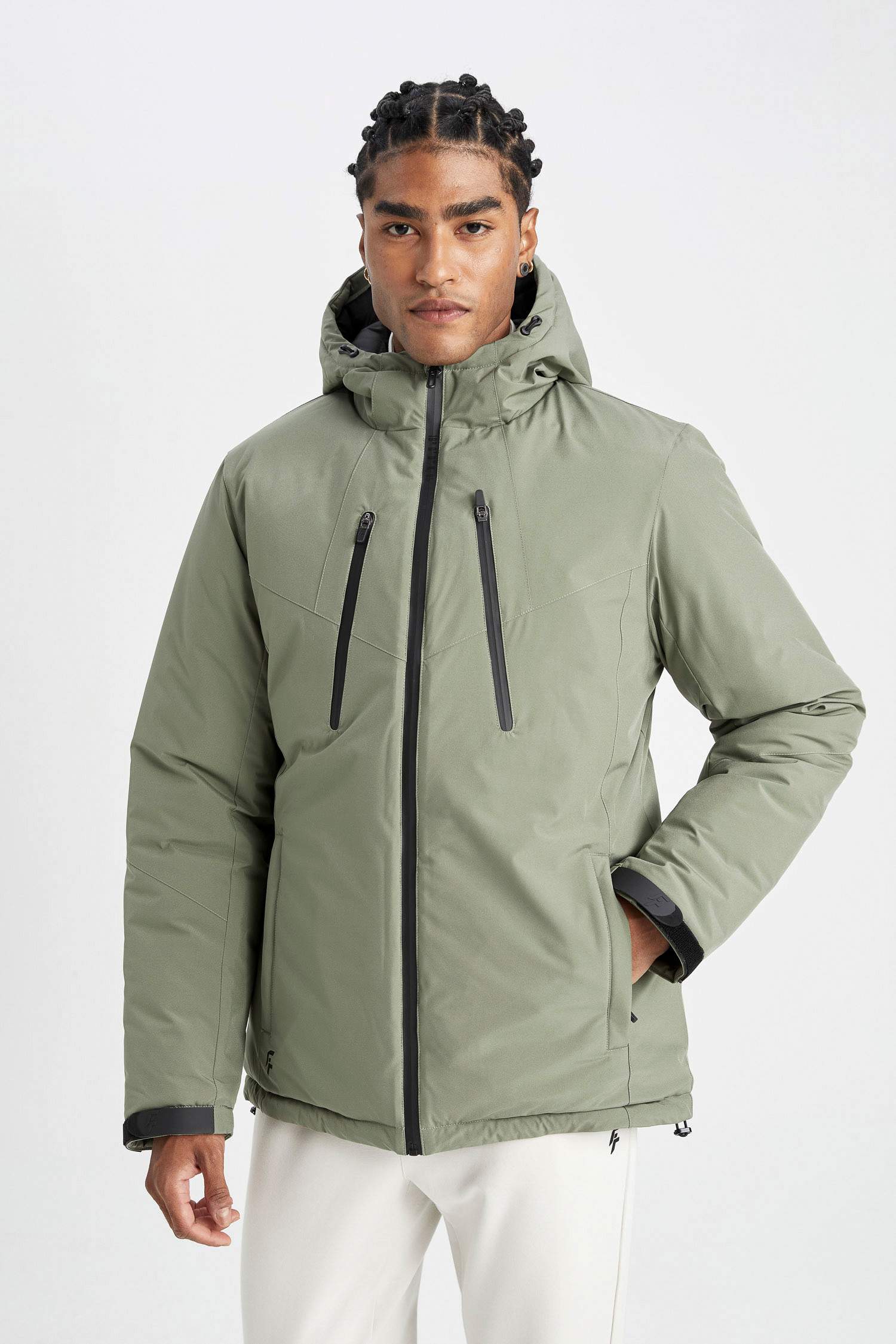 Su İtici Termometreli Slim Fit Dar Kesim Polar Kapüşonlu Fermuarlı Kışlık Mont