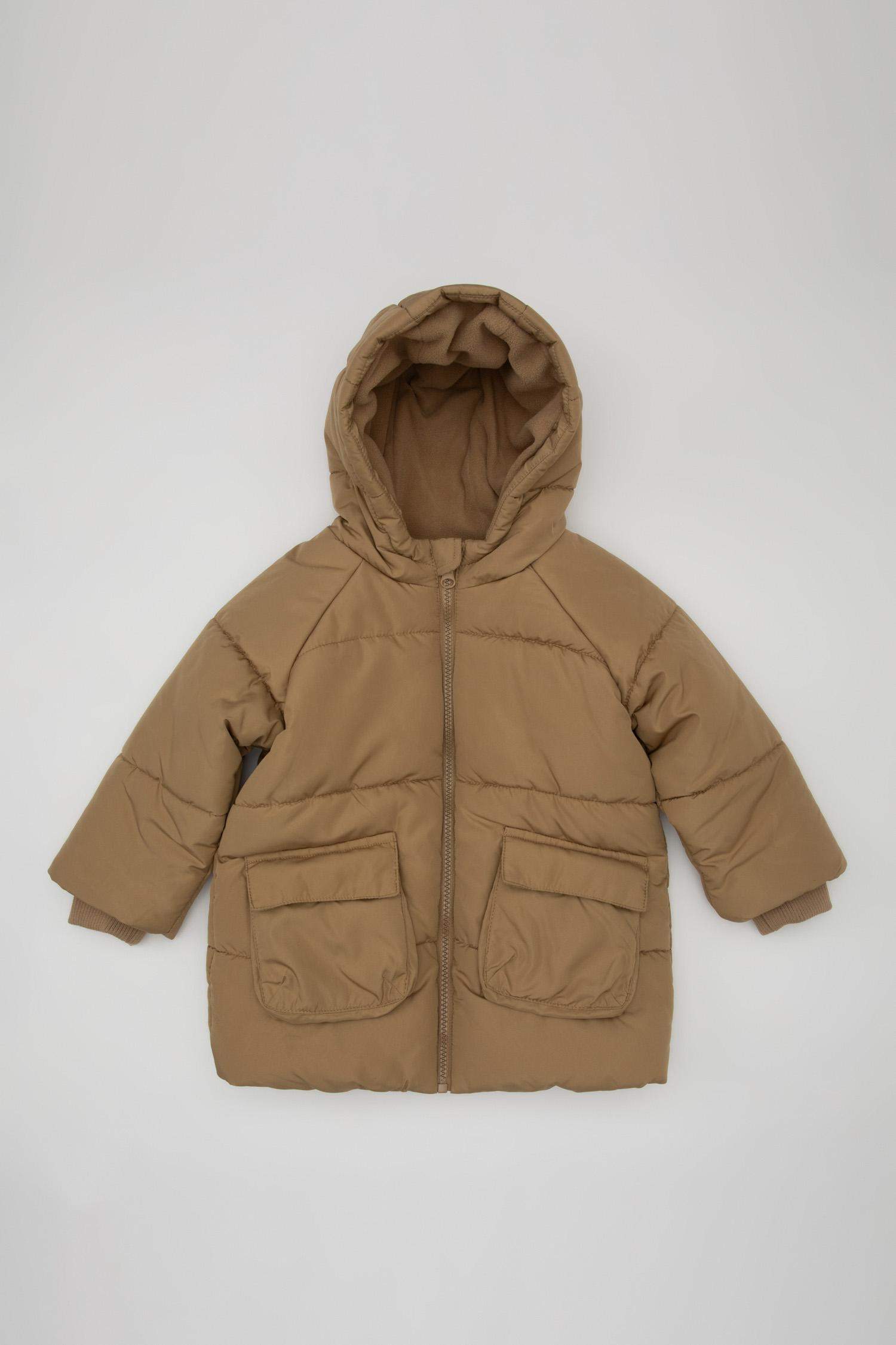 Erkek Bebek Su Geçirmez Ribana Kollu Kapüşonlu Polar Astar Fermuarlı Cepli Şişme Mont