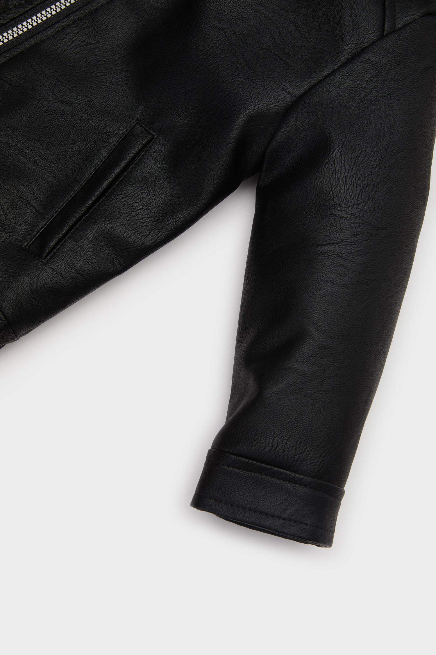 Erkek Bebek Kapüşonlu Pelüş Astar Fermuarlı Suni Deri Ceket