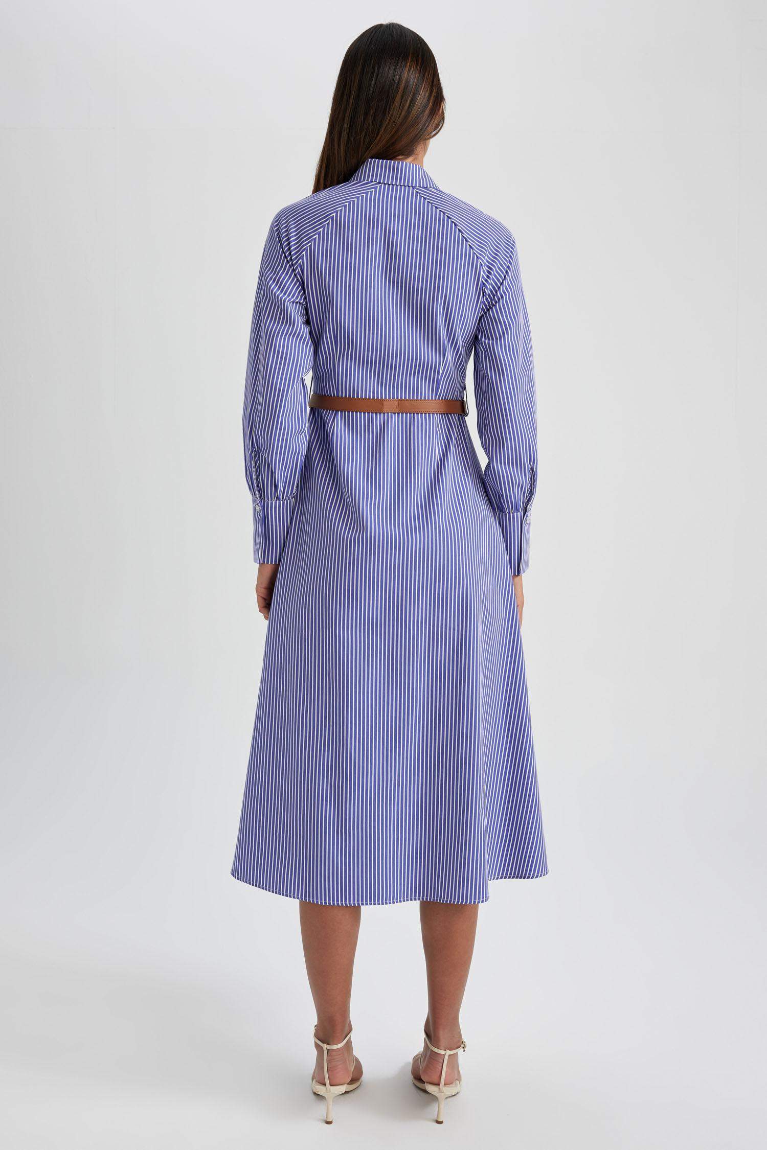 فستان طويل قطن مخطط بأكمام راجلان بحزام وياقة قميص