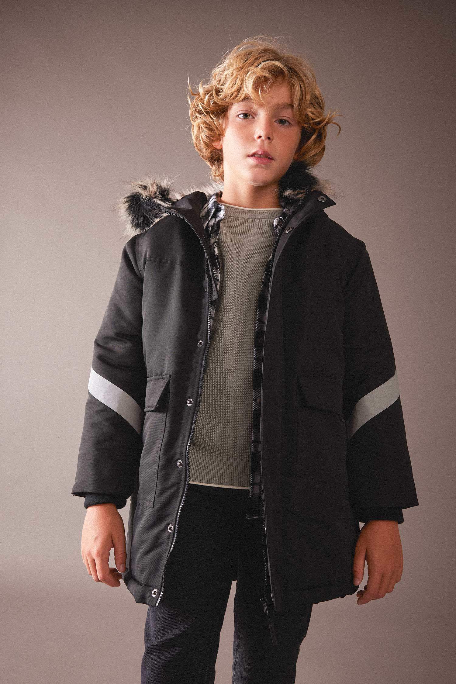 Erkek Çocuk Su İtici Çıkarılabilir Kürk Kapüşonlu Pelüş Astar Kaban