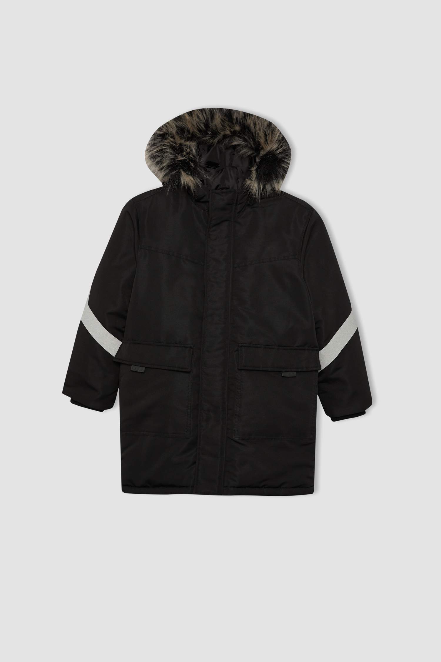 Erkek Çocuk Su İtici Çıkarılabilir Kürk Kapüşonlu Pelüş Astar Kaban