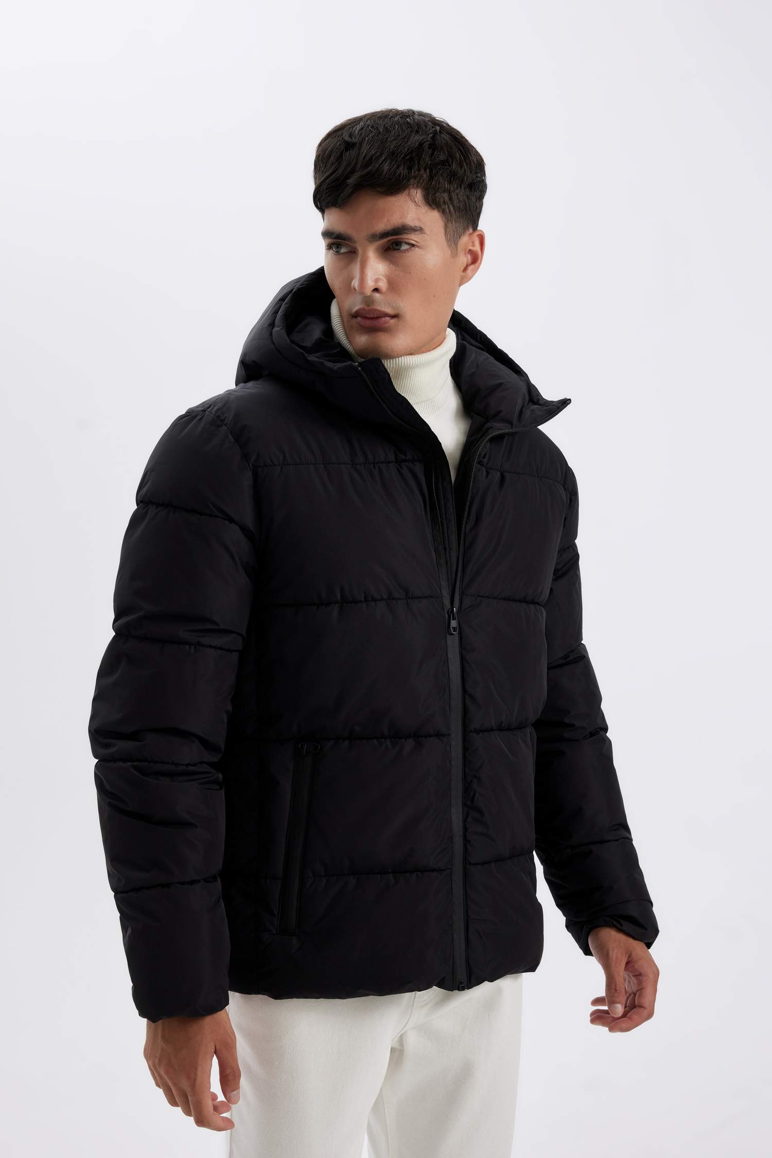 Hooded Puffer Coat Zippered Double Pocketed