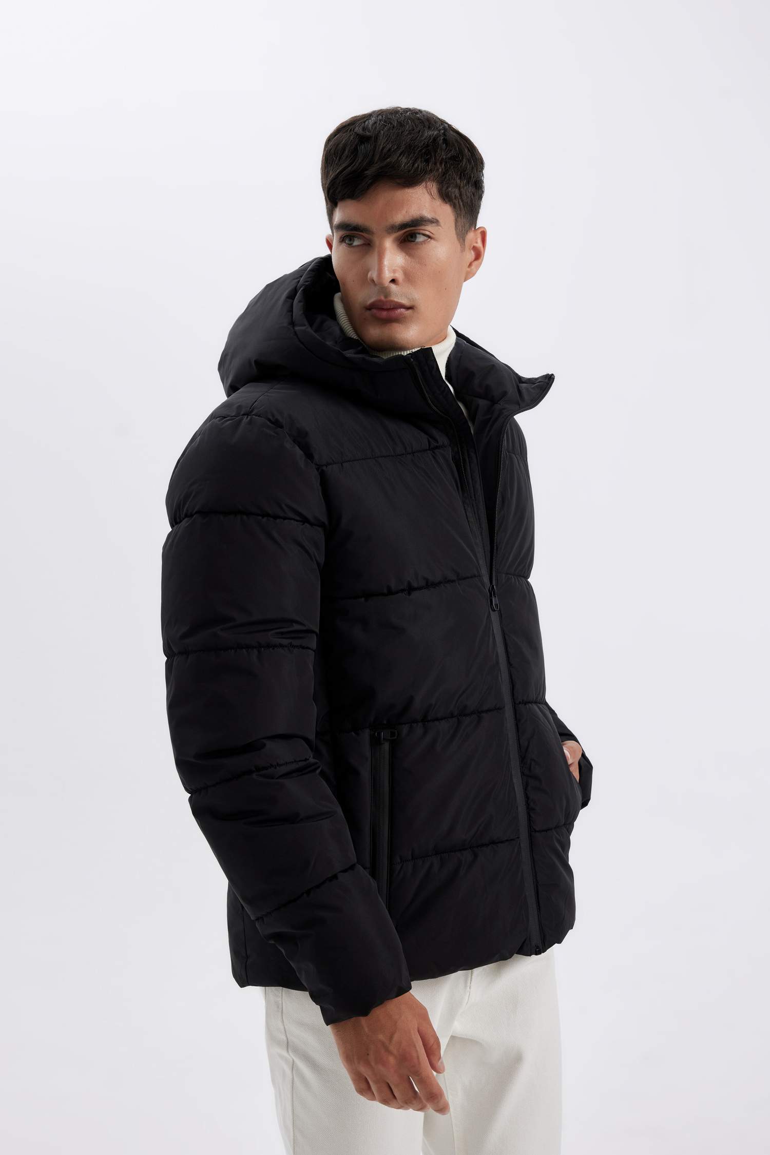 Hooded Puffer Coat Zippered Double Pocketed