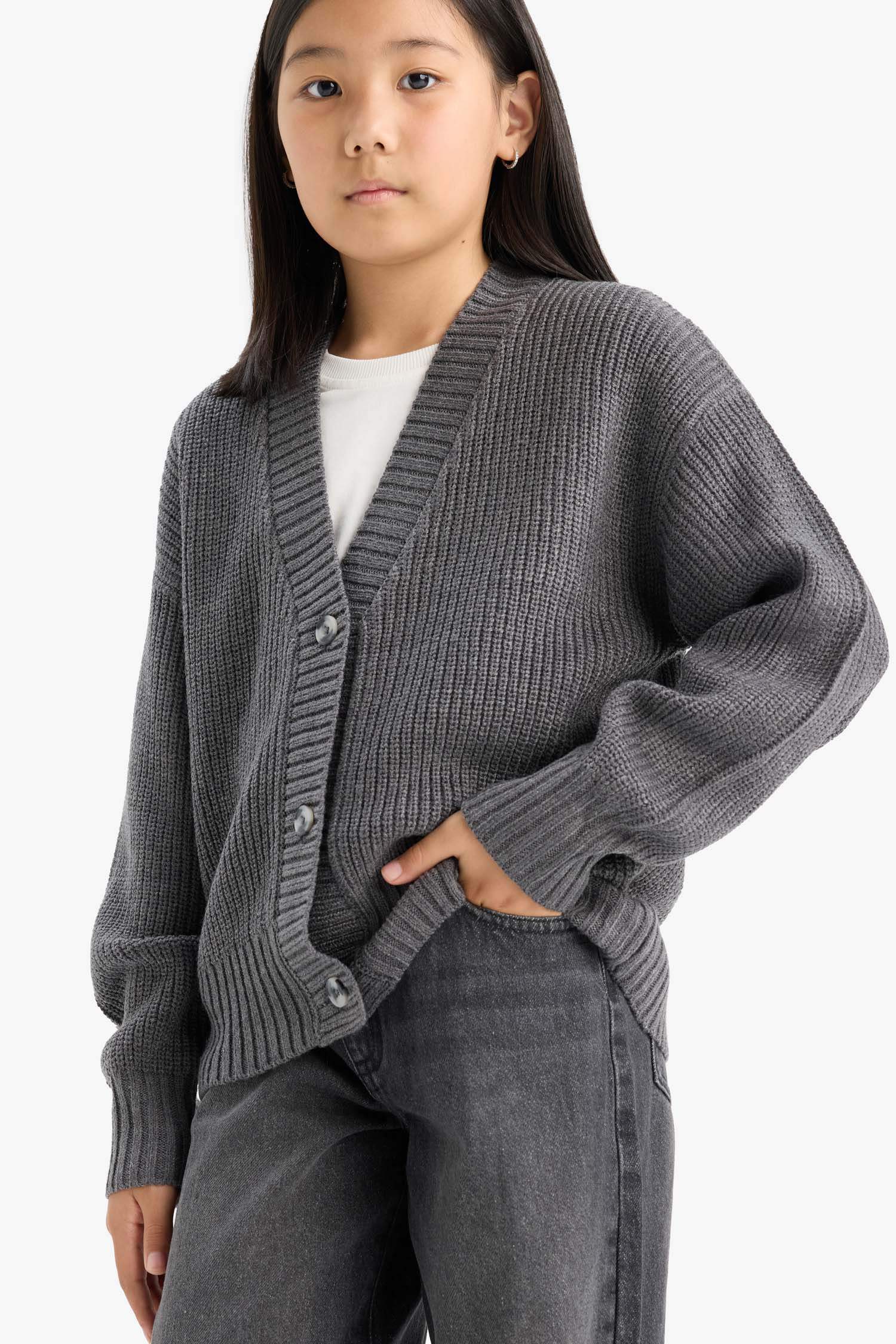 Kız Çocuk V Yaka Düğmeli Triko Hırka