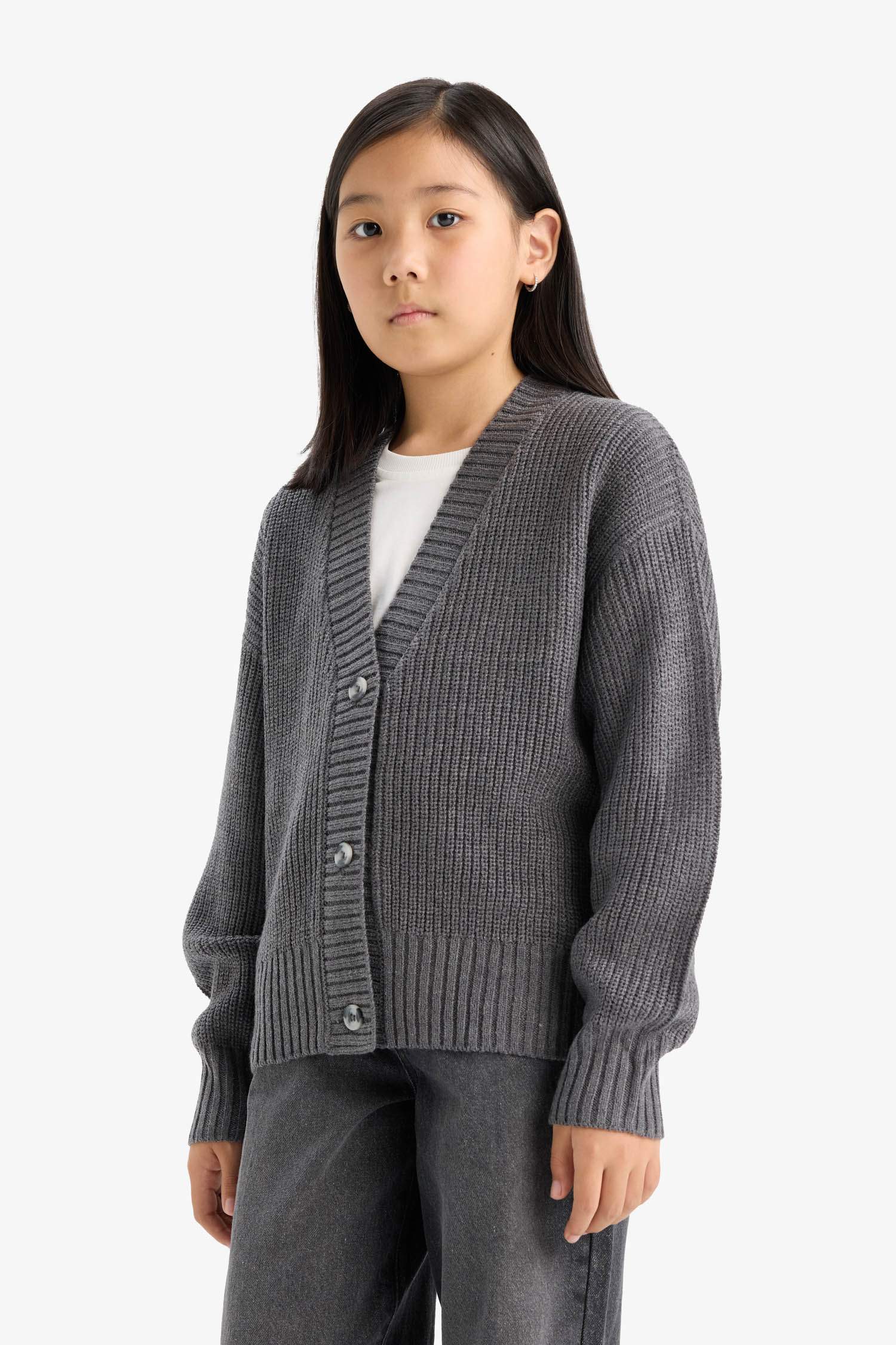 Kız Çocuk V Yaka Düğmeli Triko Hırka