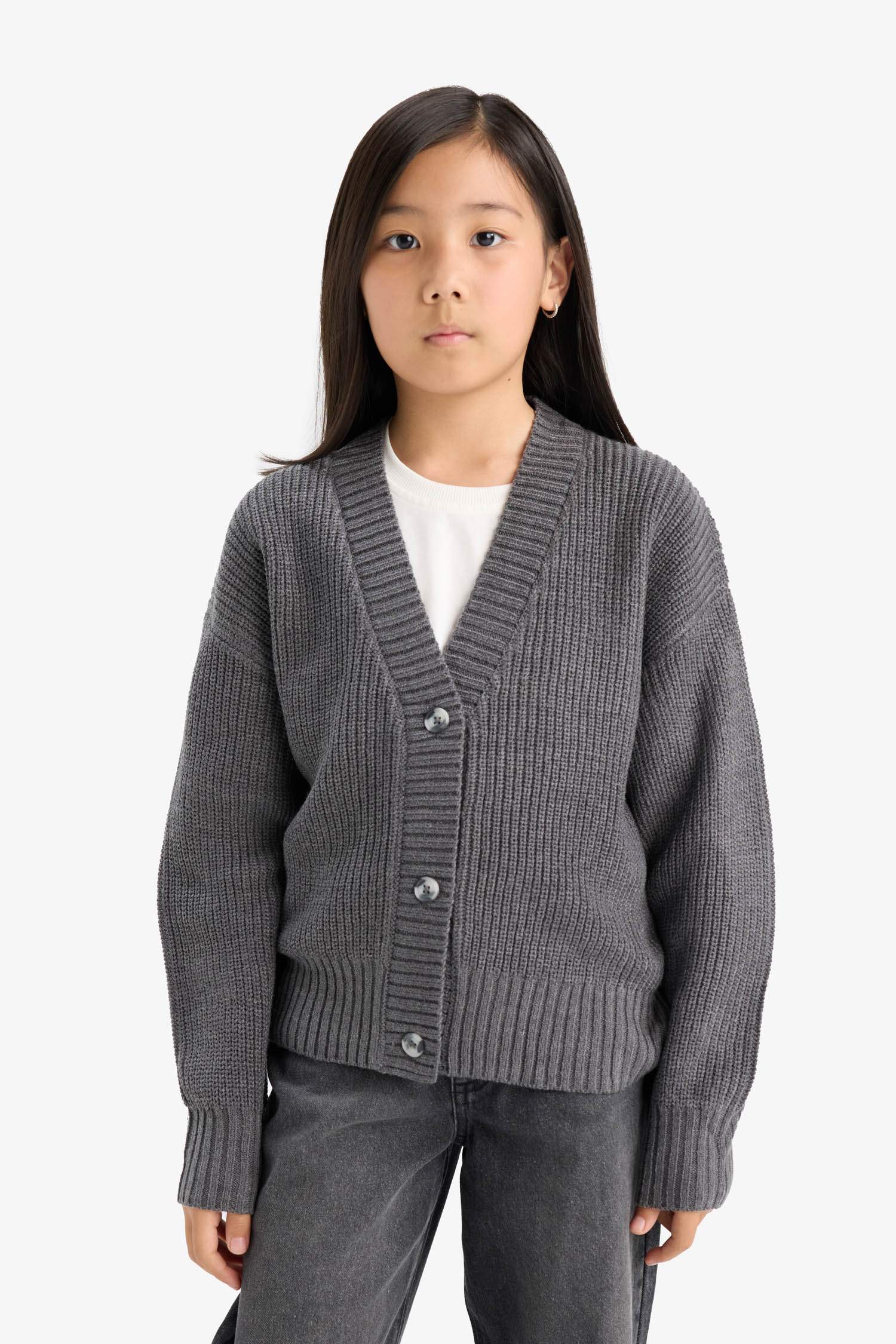 Kız Çocuk V Yaka Düğmeli Triko Hırka