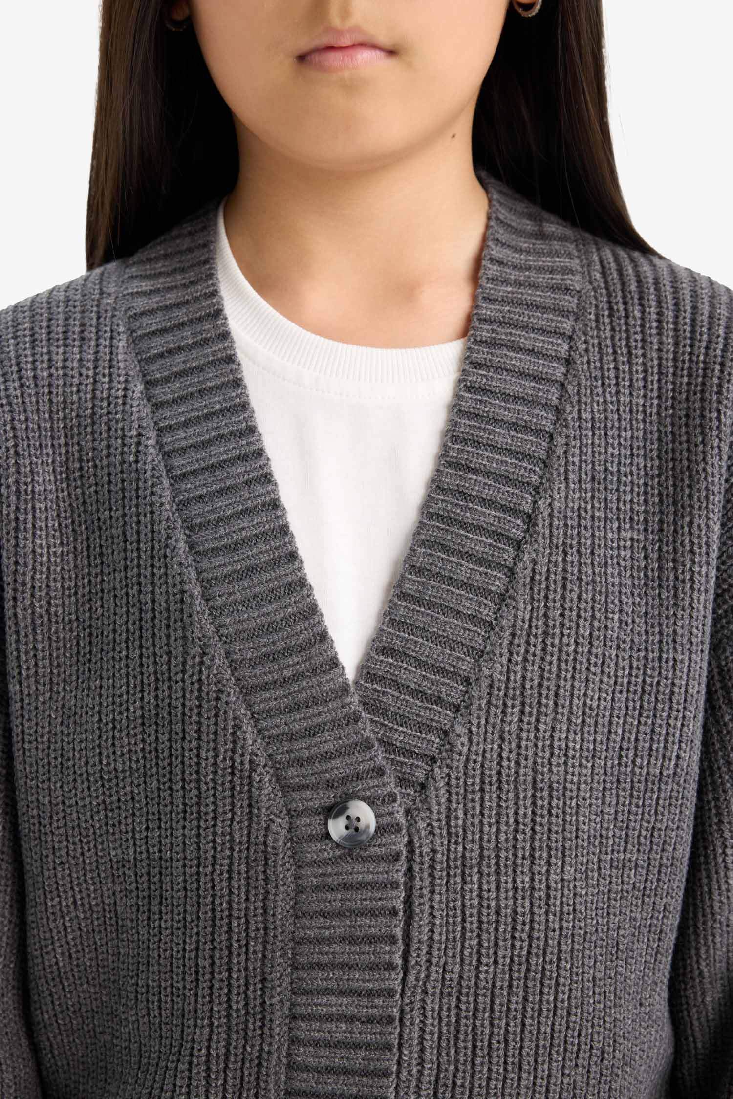 Kız Çocuk V Yaka Düğmeli Triko Hırka