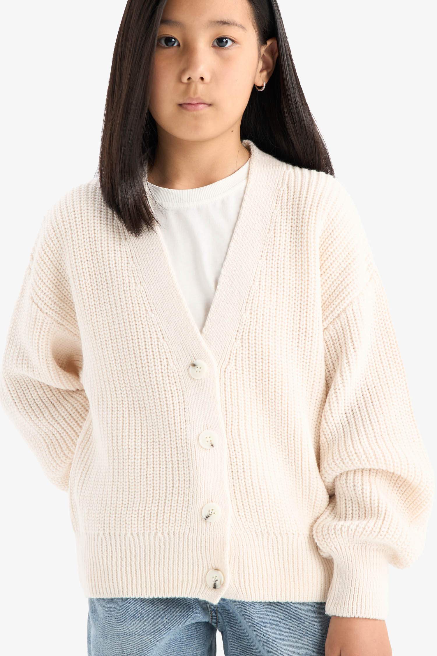 Kız Çocuk Triko Basic Düz Düğmeli Ekru V Yaka Hırka