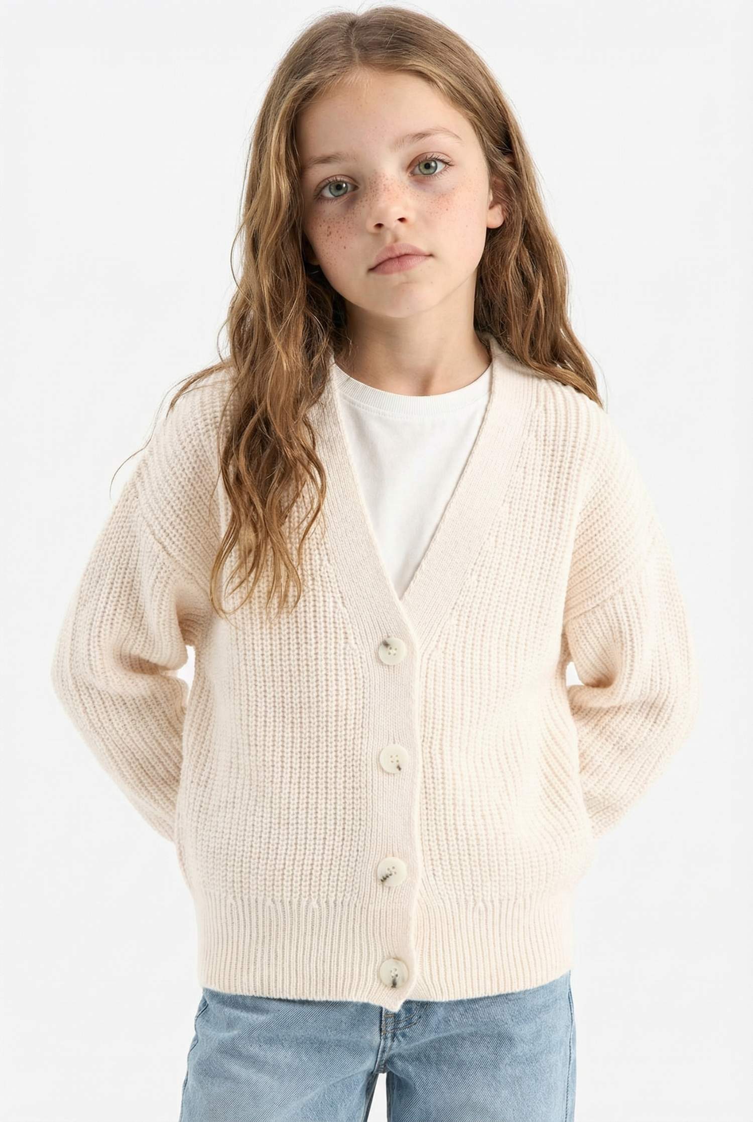 Kız Çocuk Triko Basic Düz Düğmeli Ekru V Yaka Hırka