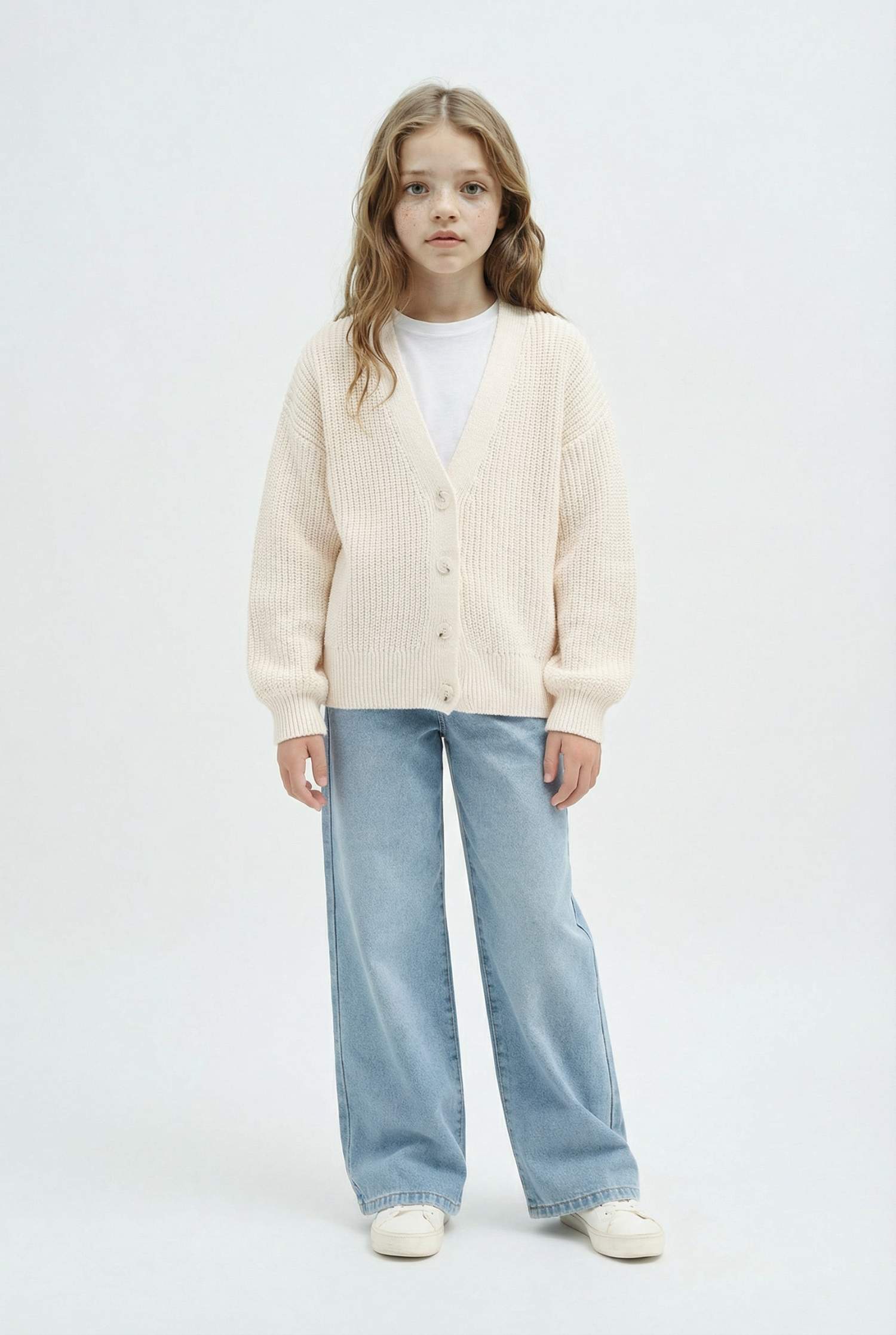 Kız Çocuk Triko Basic Düz Düğmeli Ekru V Yaka Hırka