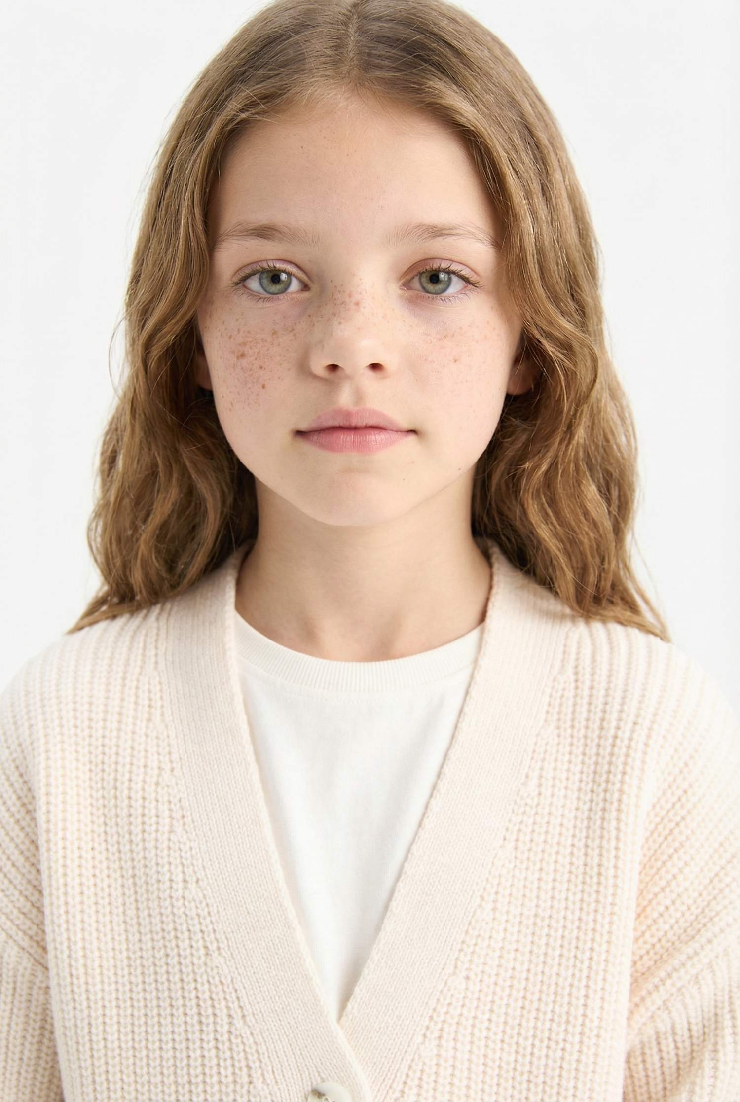 Kız Çocuk Triko Basic Düz Düğmeli Ekru V Yaka Hırka