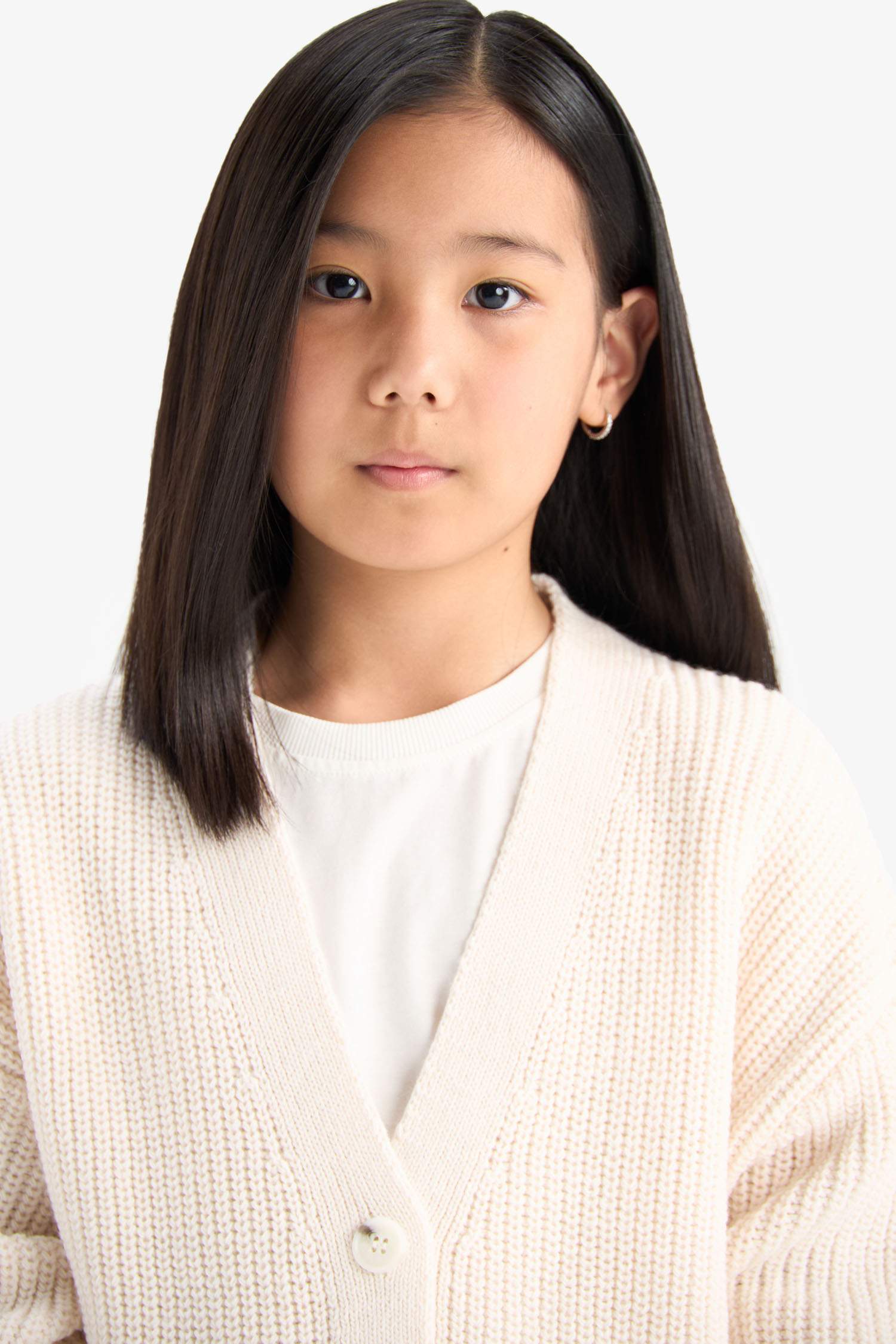 Kız Çocuk Triko Basic Düz Düğmeli Ekru V Yaka Hırka