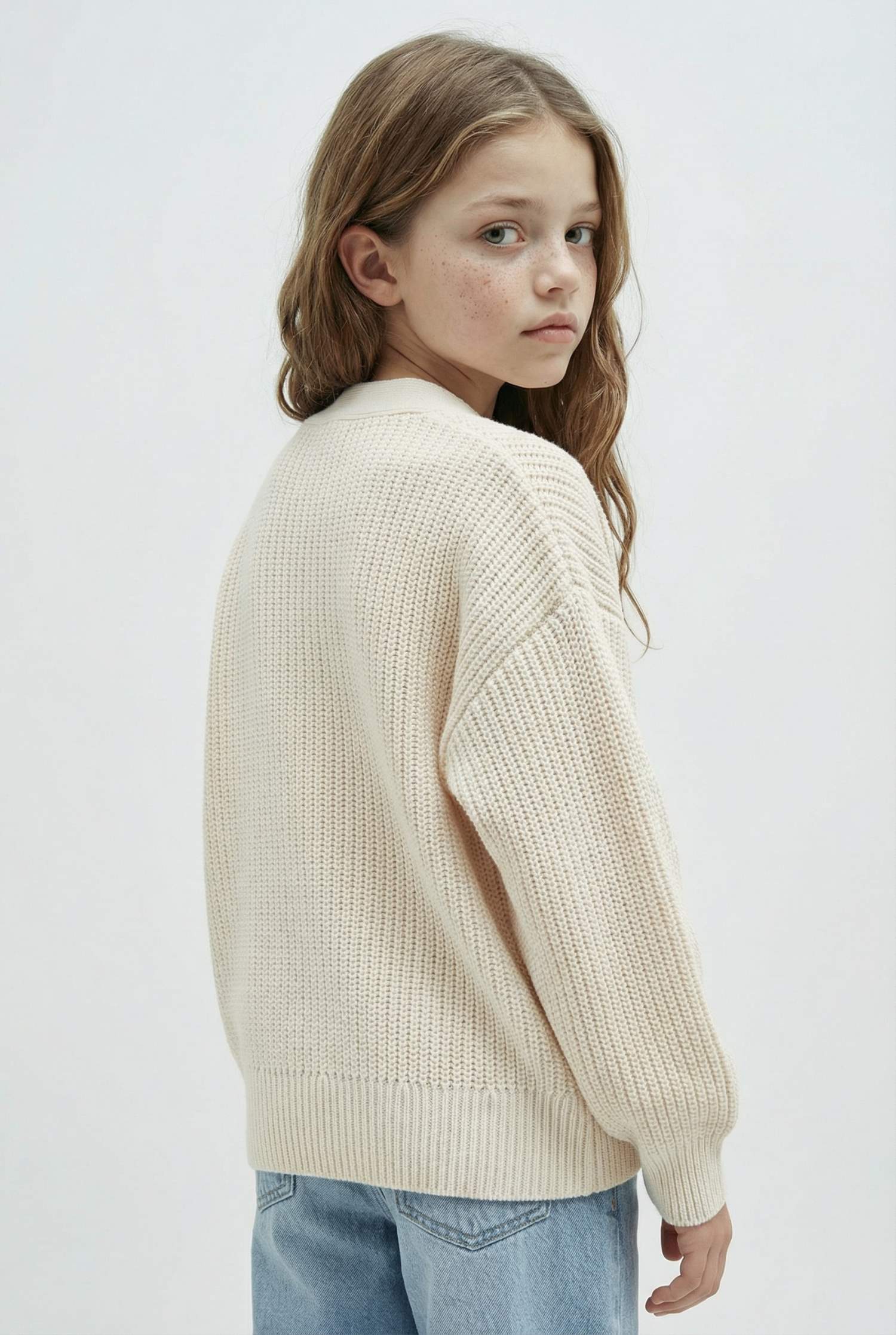 Kız Çocuk Triko Basic Düz Düğmeli Ekru V Yaka Hırka