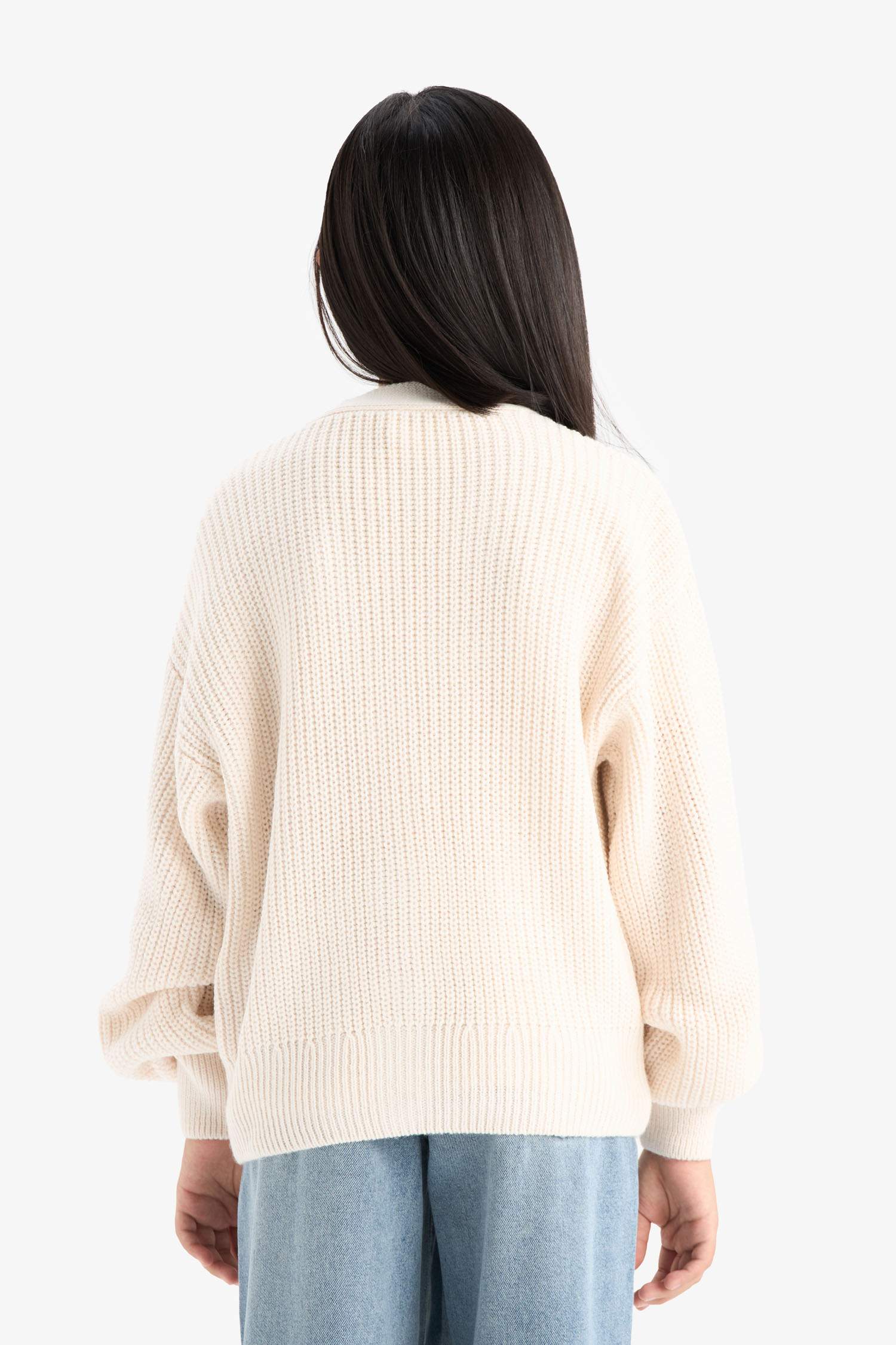 Kız Çocuk Triko Basic Düz Düğmeli Ekru V Yaka Hırka