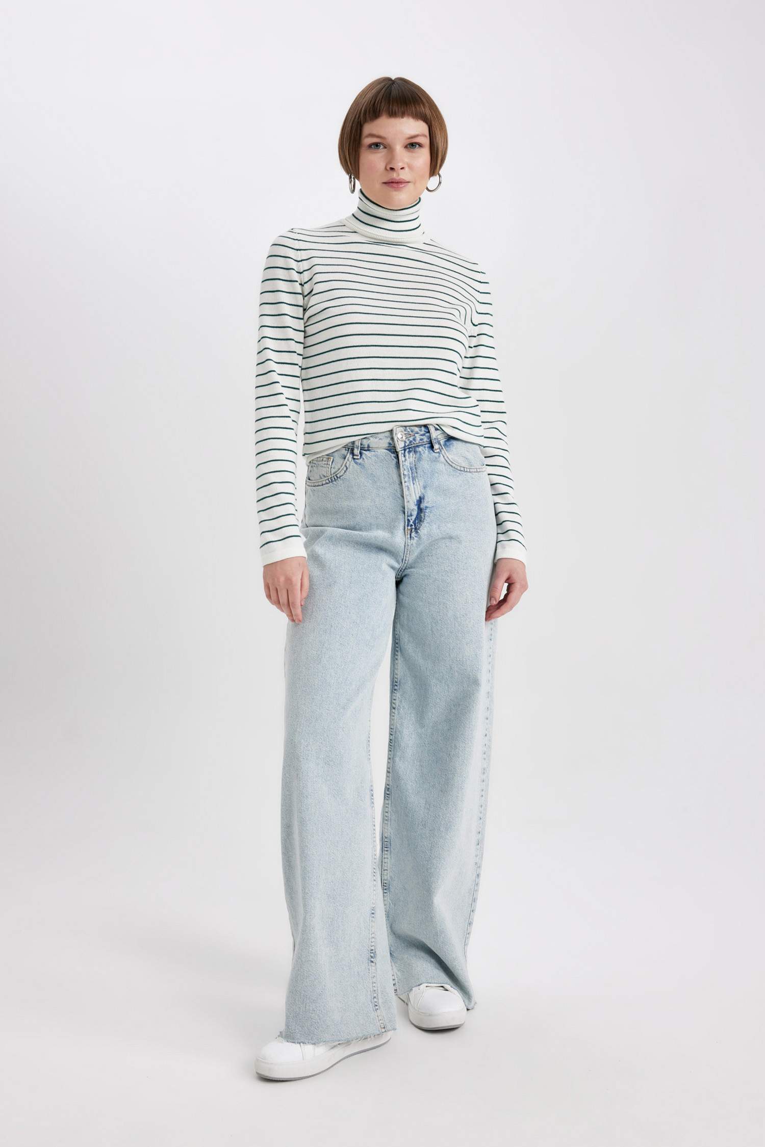 Regular Fit Balıkçı Yaka Çizgili Triko Kazak