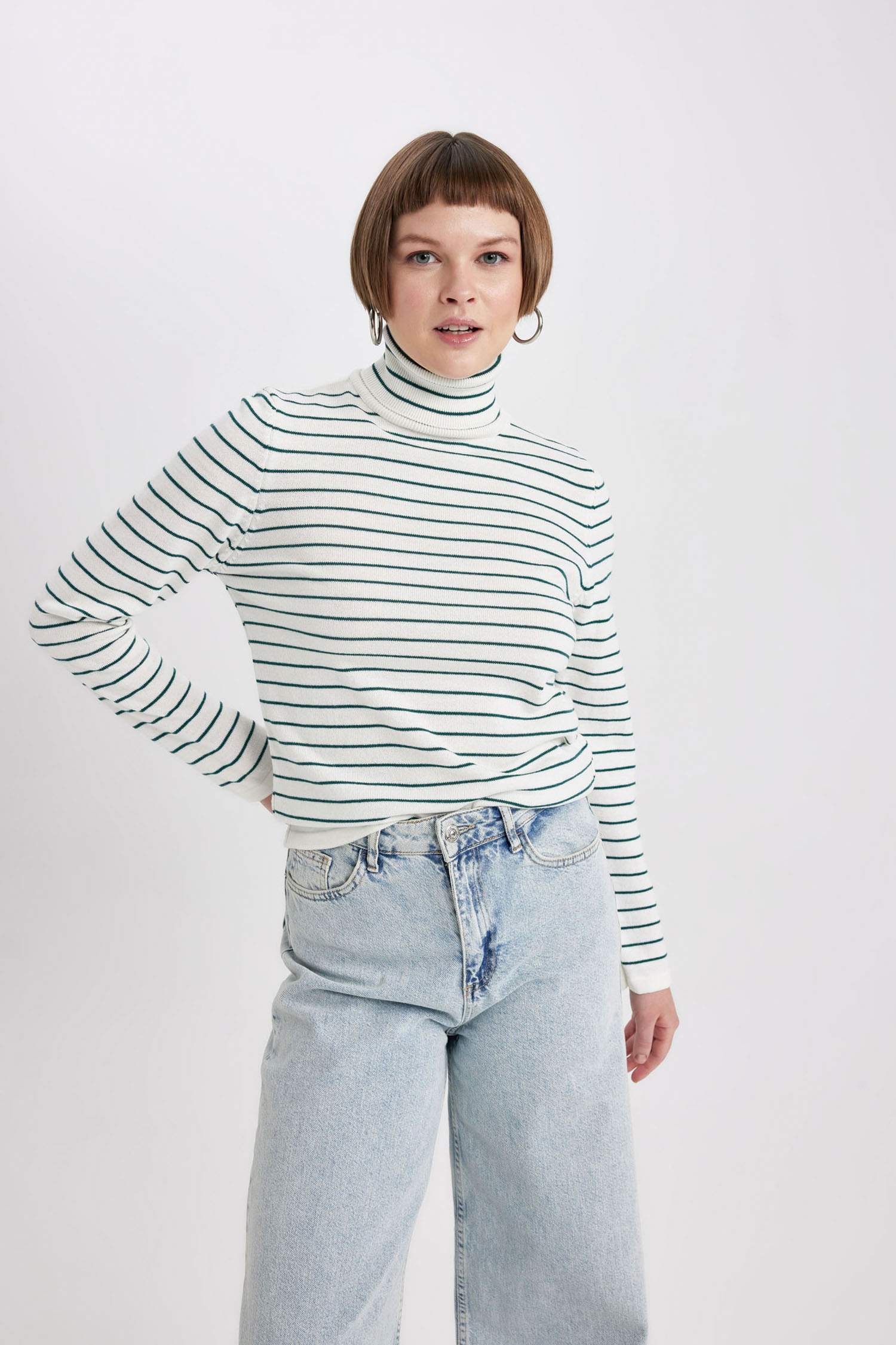 Regular Fit Balıkçı Yaka Çizgili Triko Kazak