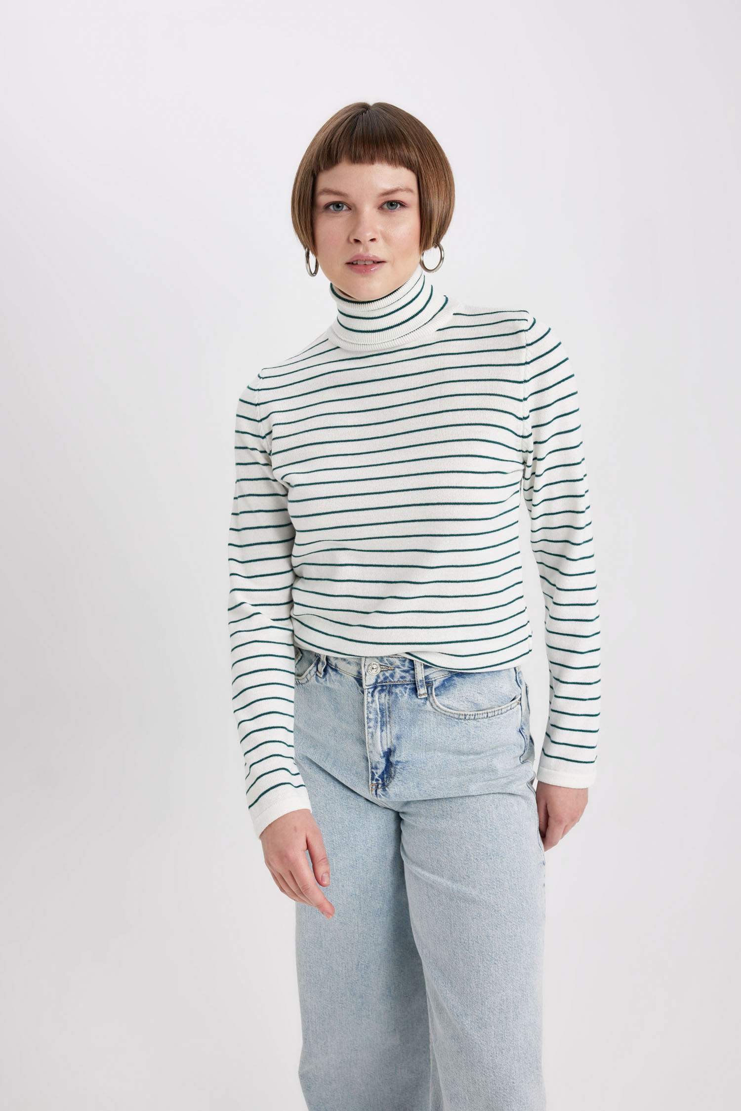 Regular Fit Balıkçı Yaka Çizgili Triko Kazak