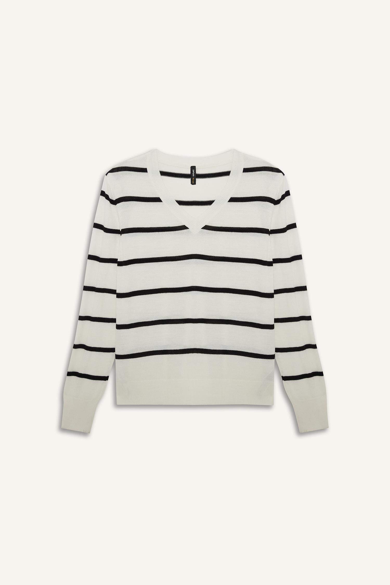 Relax Fit V Yaka Yumuşak Dokulu Çizgili Triko Kazak