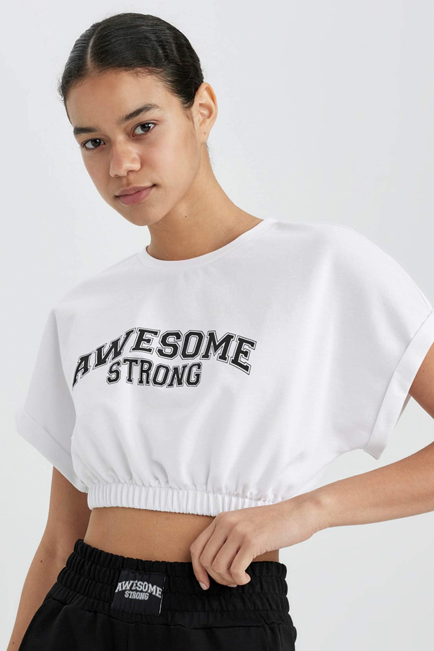 Defacto Fit Crop Crew Neck Slogan Printed Sportsman Short Sleeve T-Shirt