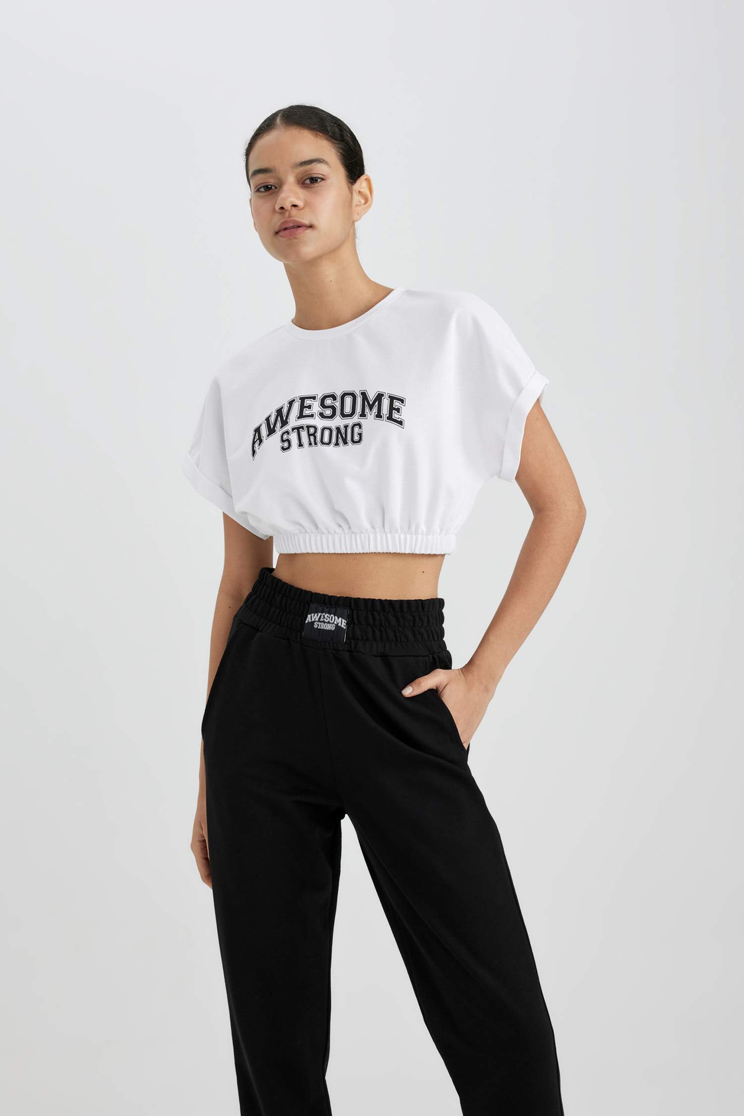Defacto Fit Crop Crew Neck Slogan Printed Sportsman Short Sleeve T-Shirt