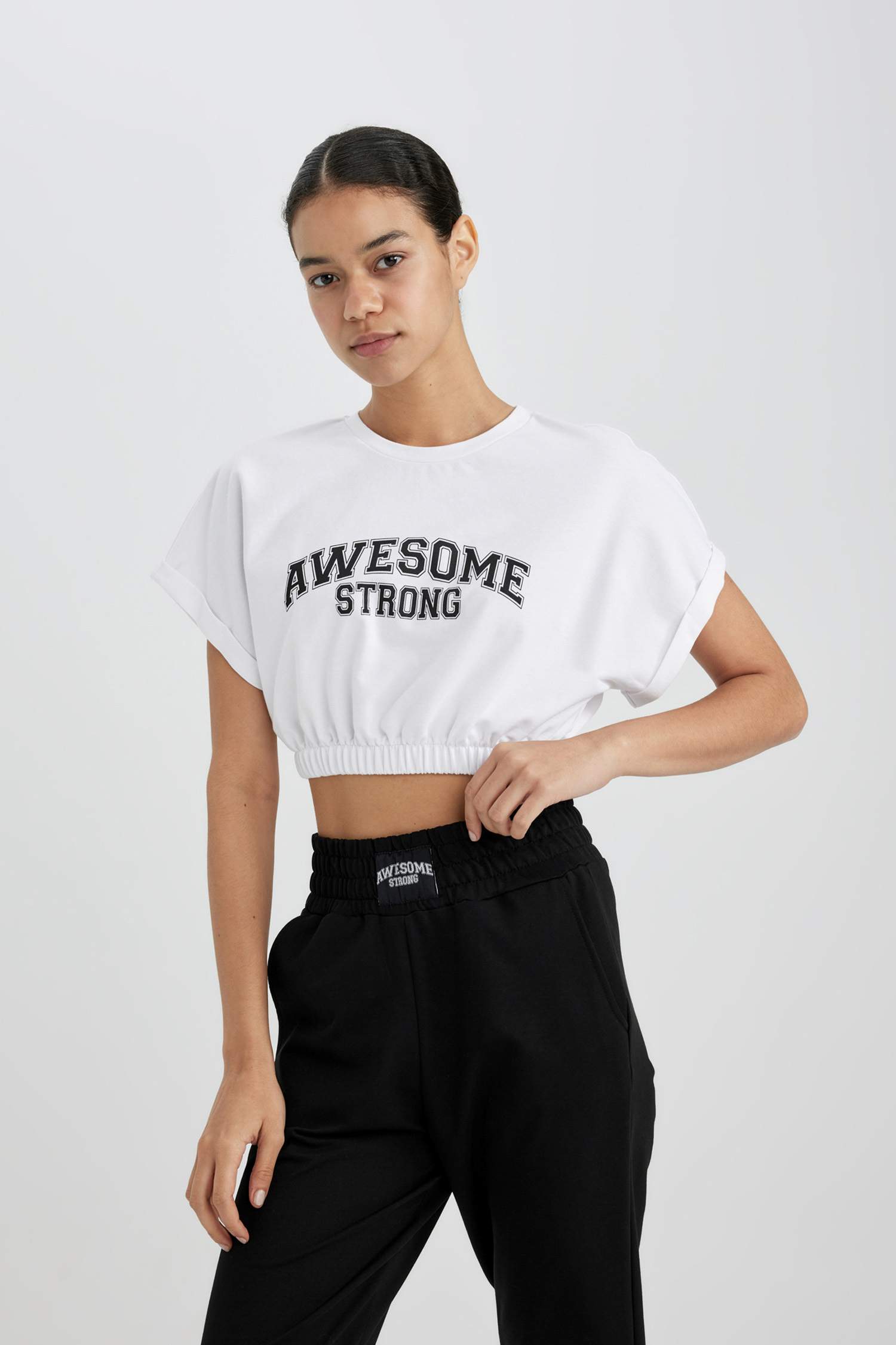 Defacto Fit Crop Crew Neck Slogan Printed Sportsman Short Sleeve T-Shirt