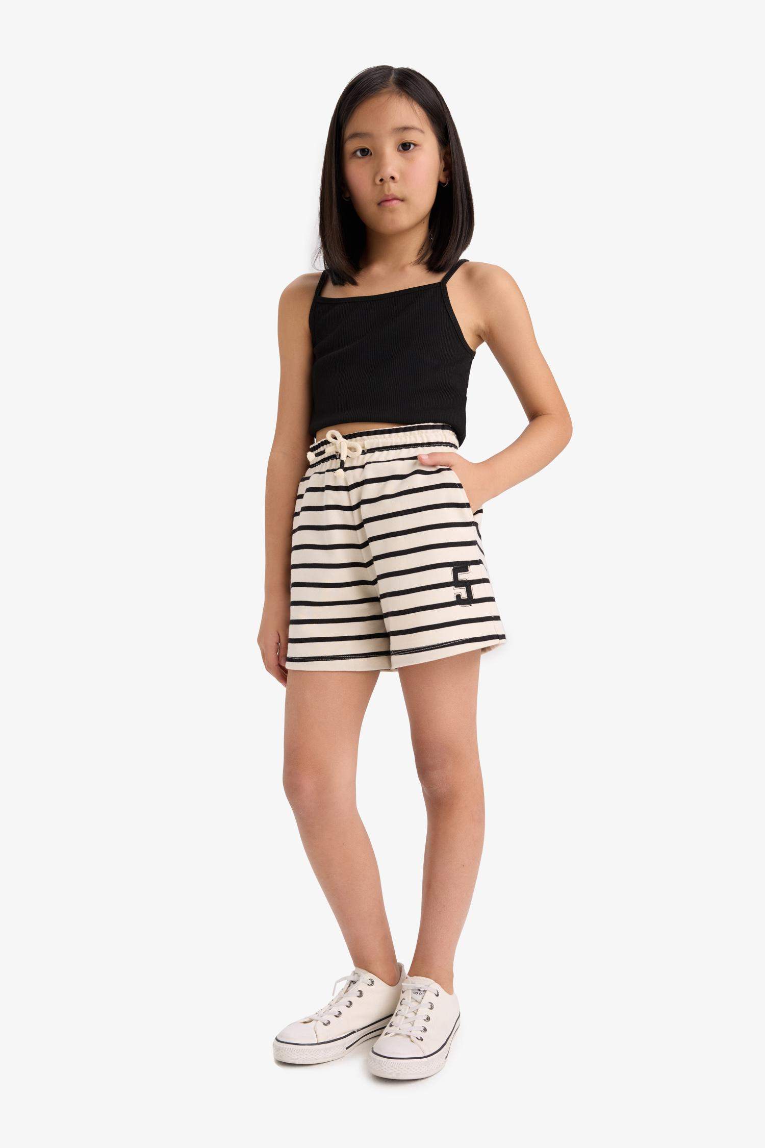 Kız Çocuk Beli Lastikli Çizgili Şort
