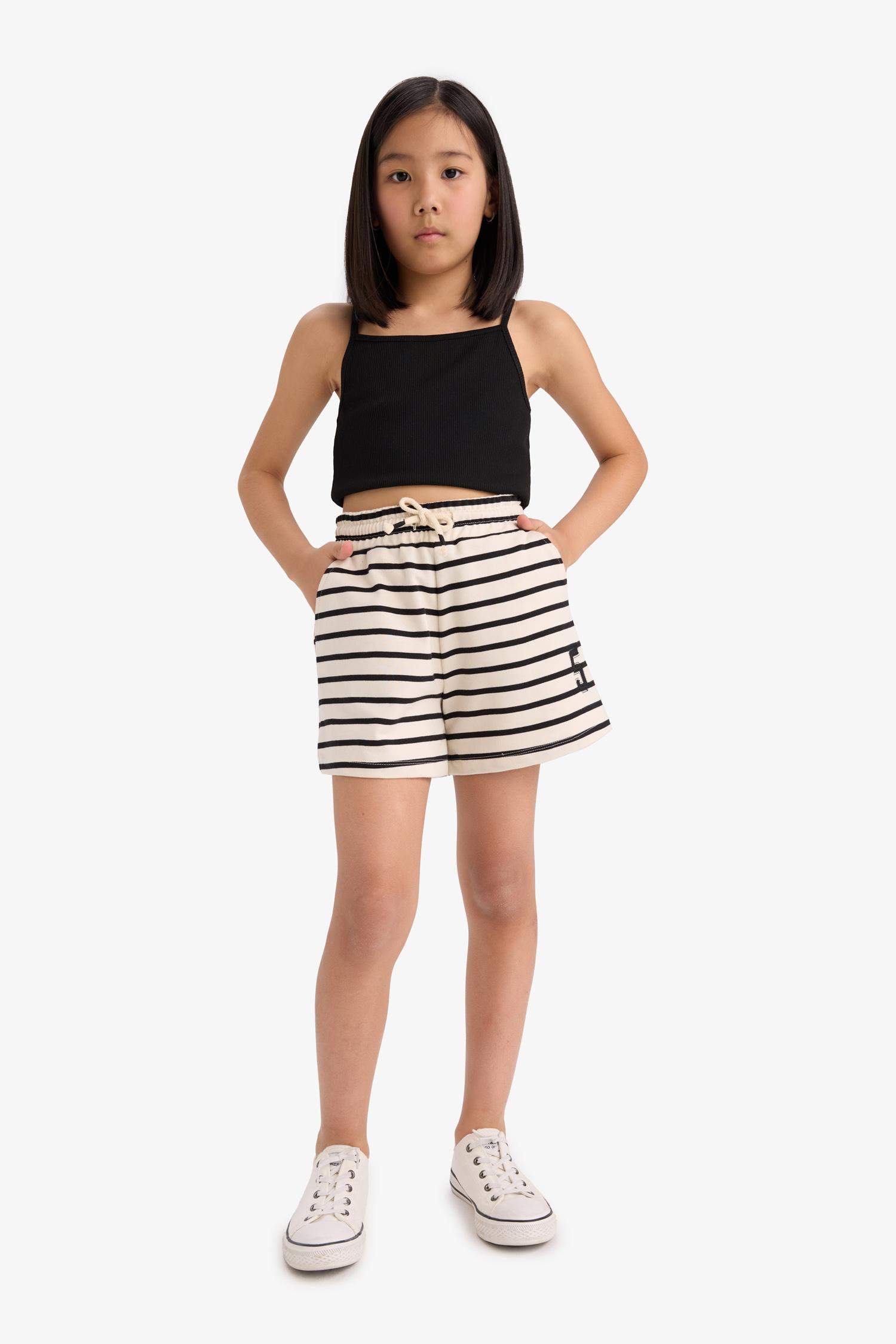 Kız Çocuk Beli Lastikli Çizgili Şort