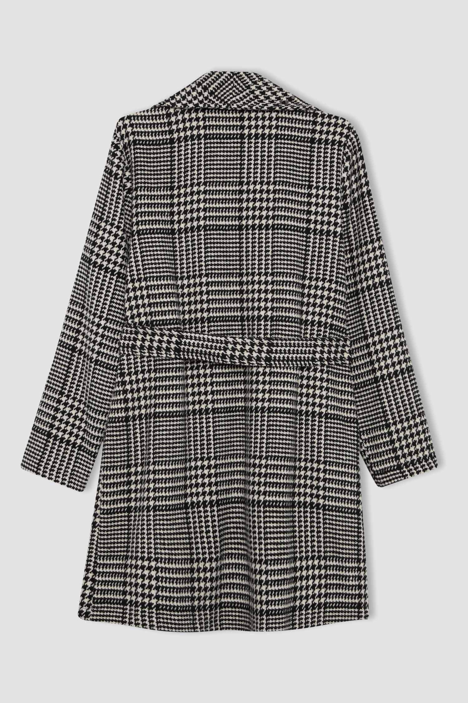 Regular Kalıp Ekoseli Kruvaze Yaka Cepli Kemerli Kaşe Kaban