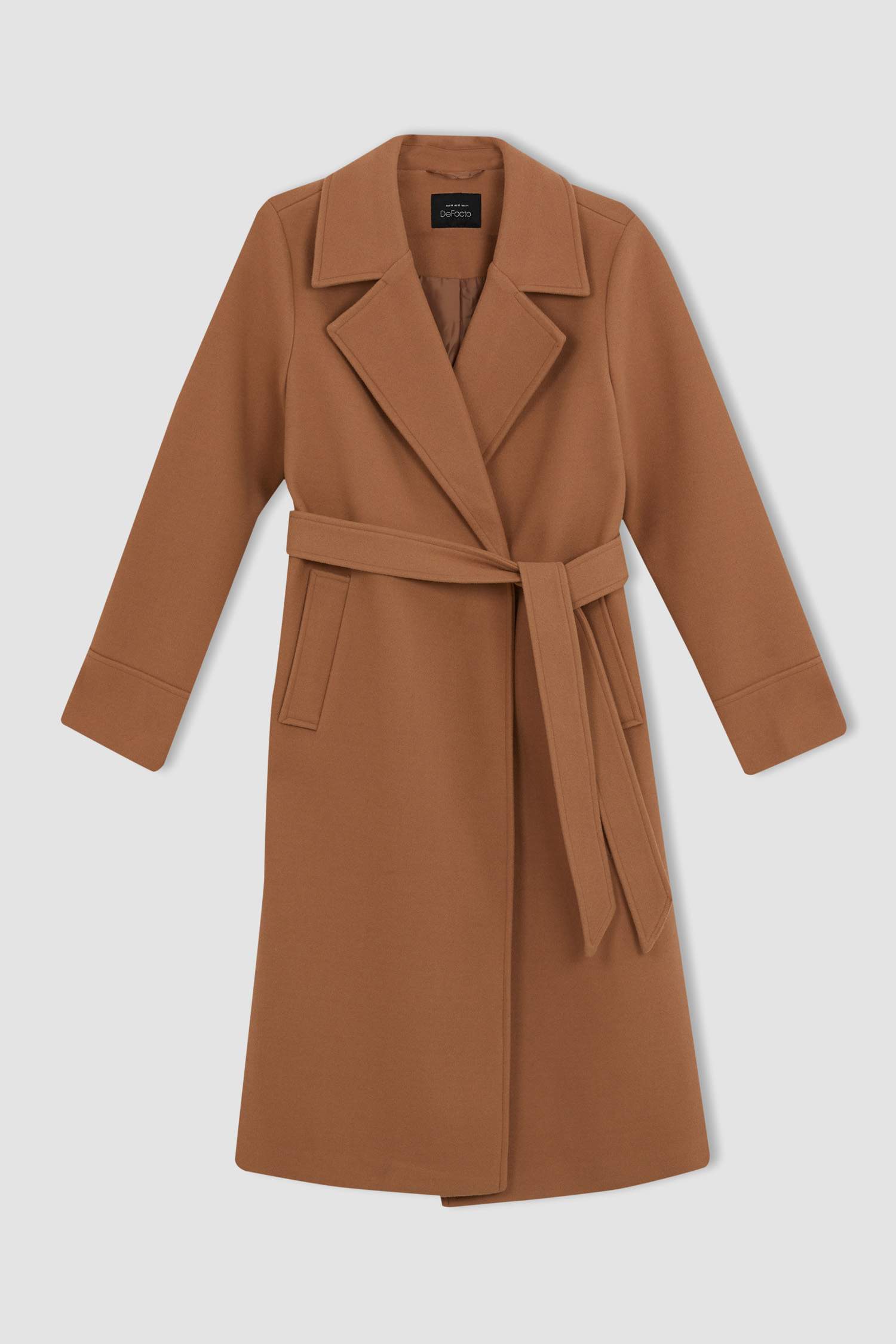 Regular Kalıp Kruvaze Yaka Cepli Kemerli Uzun Kaşe Kaban