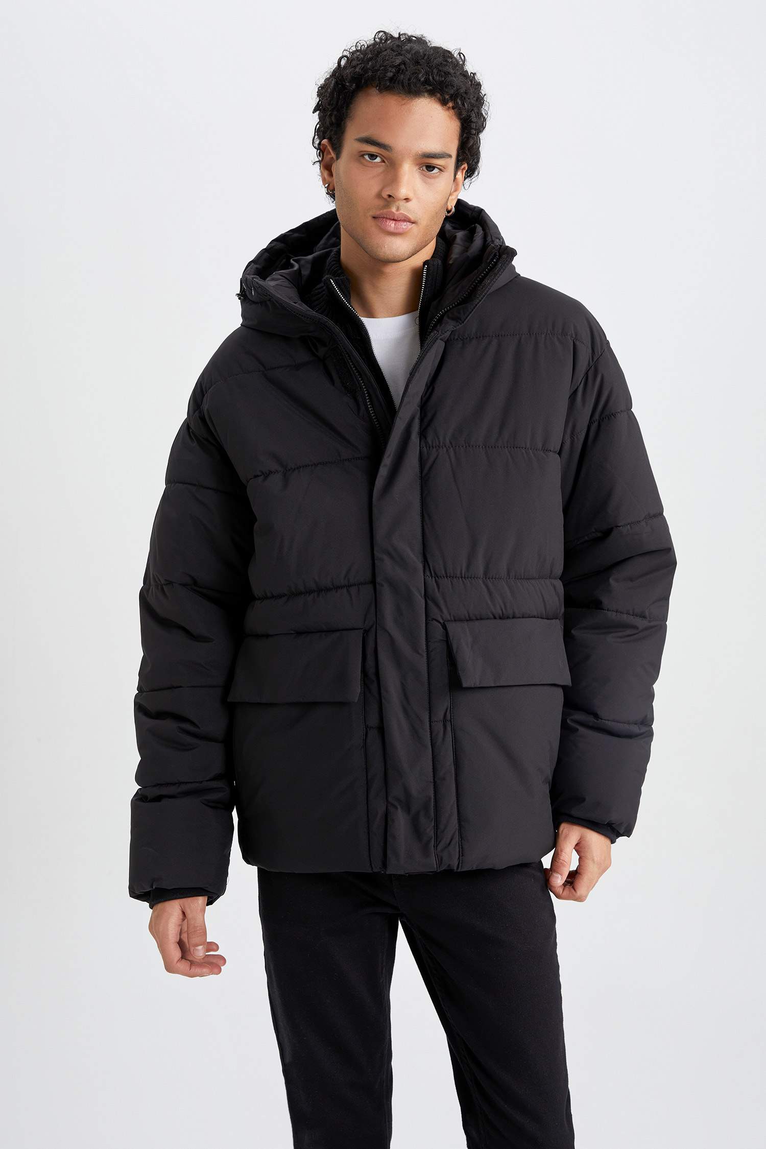 Şişme Mont Kapüşonlu Fermuarlı Çift Cepli